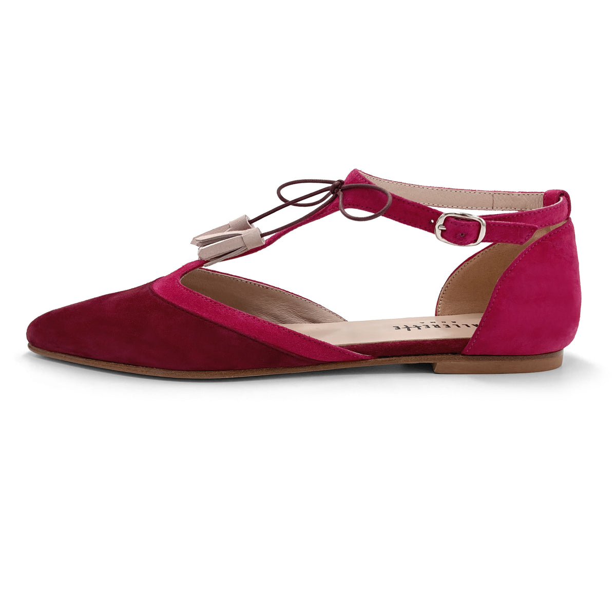 T-bar ballet flats in bordeaux and fuchsia suede