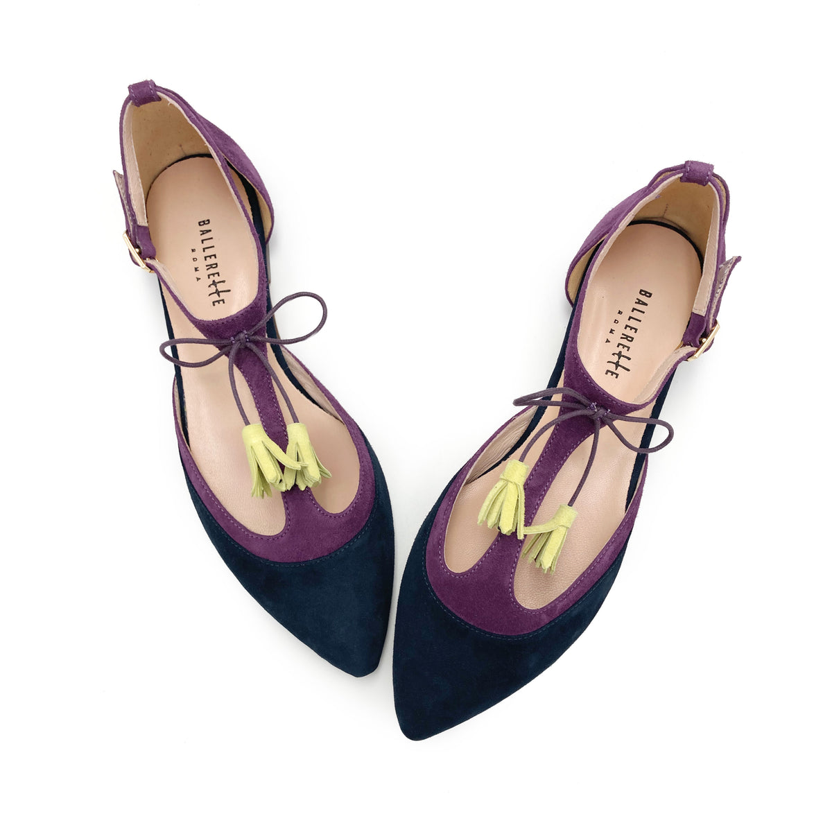 T-Steg-Ballerinas aus blauem und violettem Wildleder