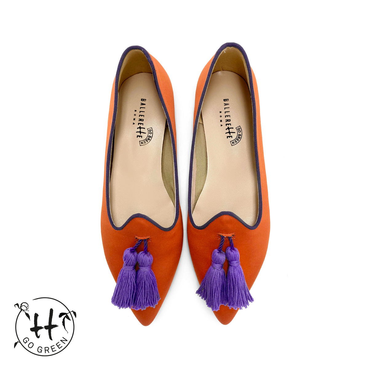TT Go Green Collection - Mocassini donna arancio in raso eco e nappine viola