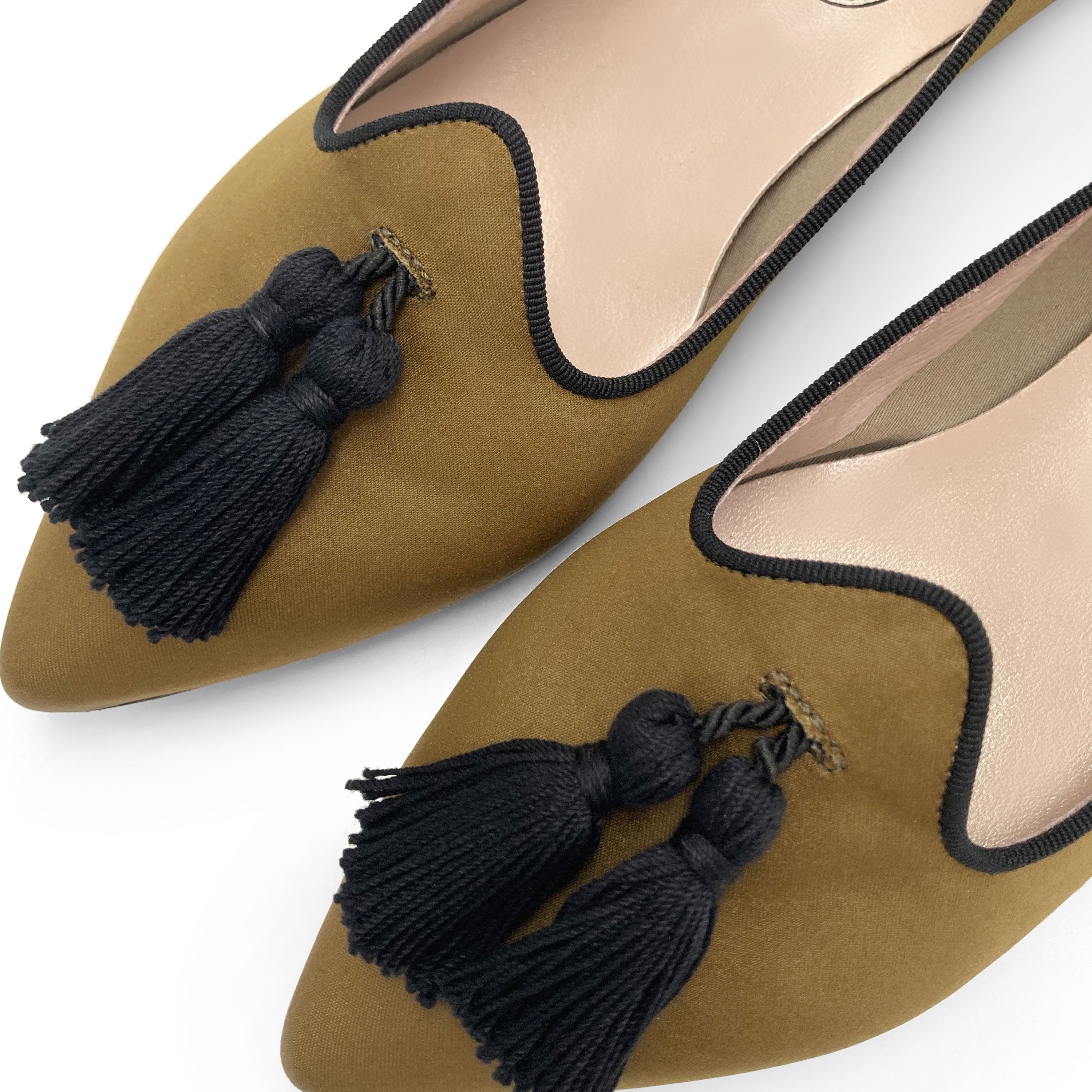 TT Go Green collection - women's mustard-coloured eco-friendly satin moccasins with black tassels