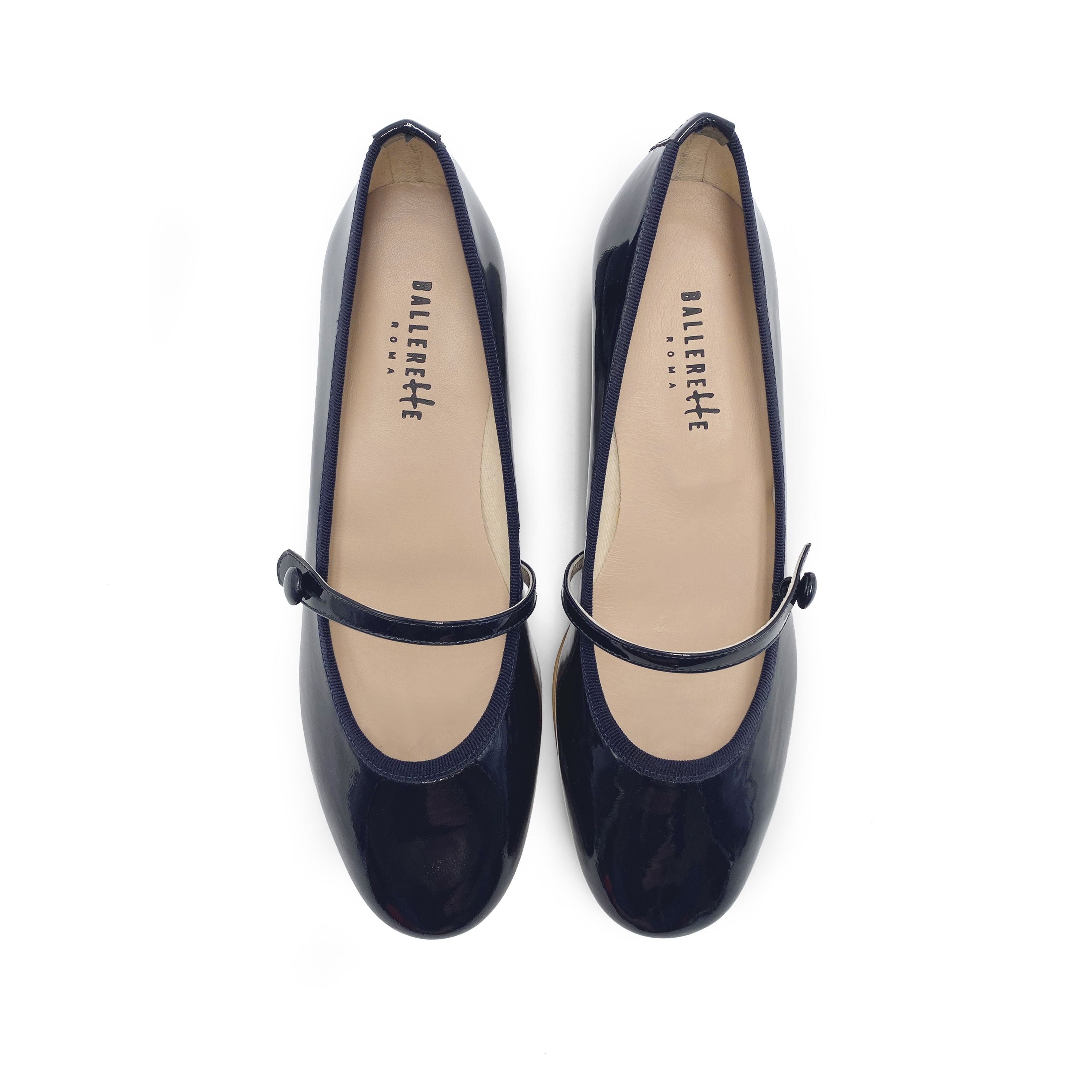 Ballerines Mary Jane en cuir verni bleu avec bride et talon