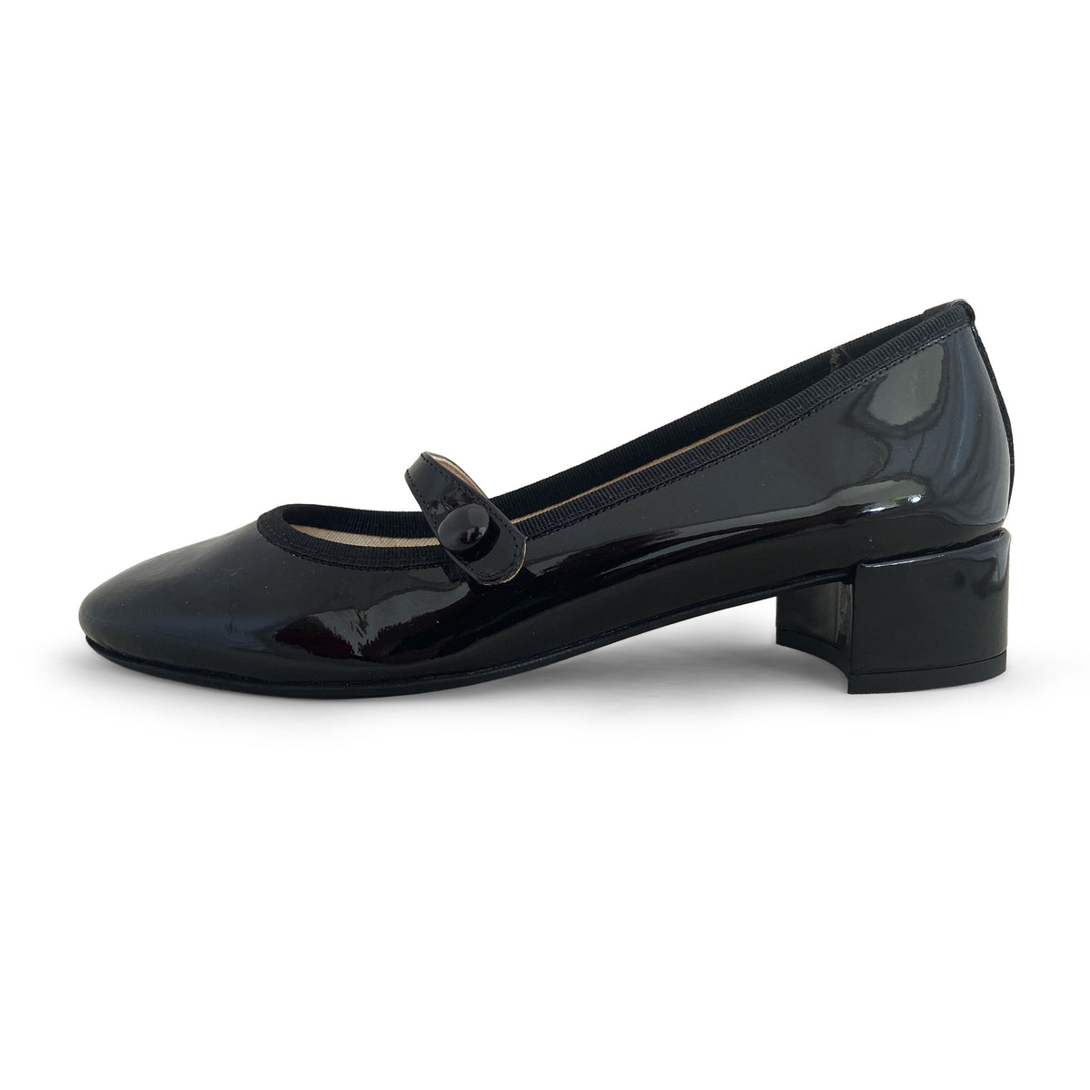 Ballerine Mary Jane nere in vernice con cinturino e tacco