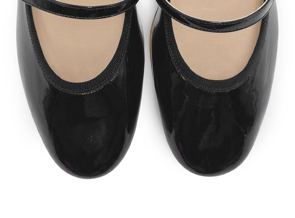 Ballerines Mary Jane en cuir verni noir avec bride et talon