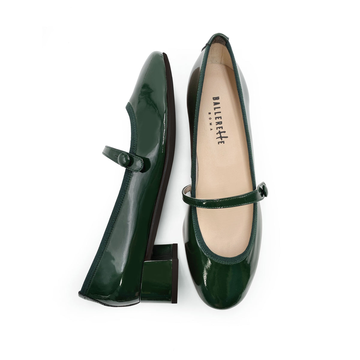 Grüne Lackleder Ballerinas mit Riemen und Absatz