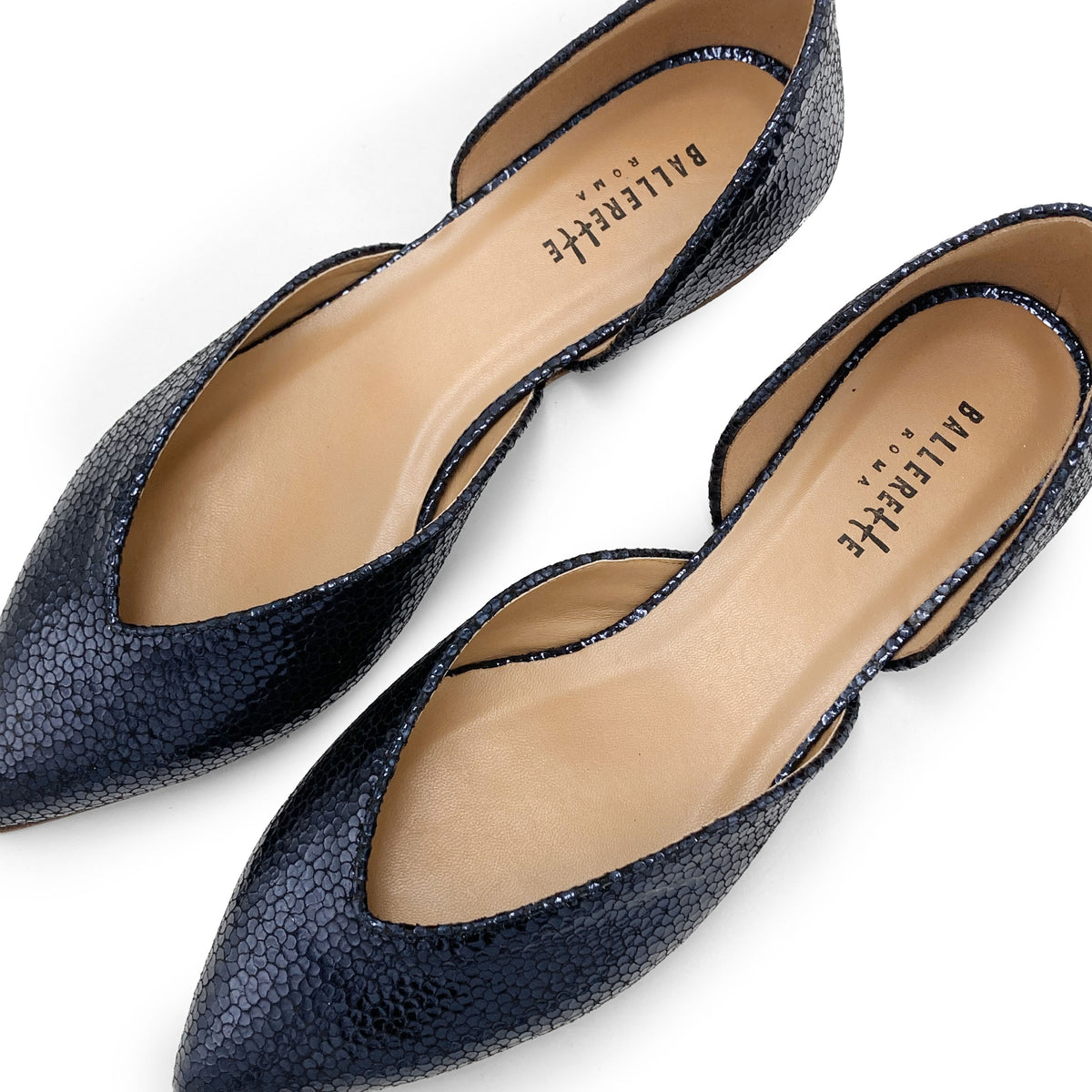Open blue laminated ballet flats