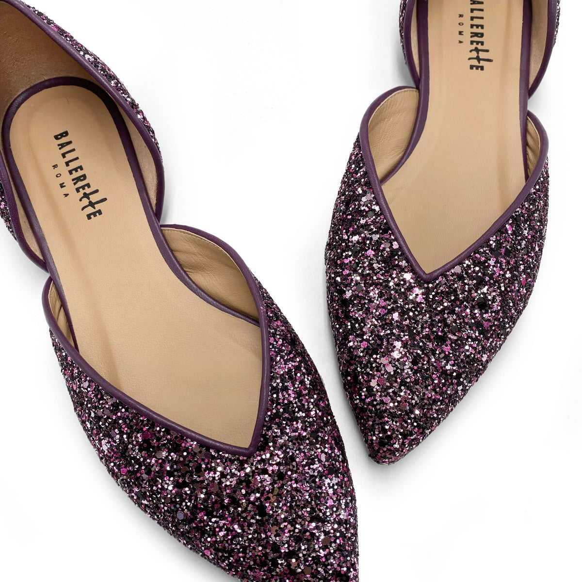 Open ballet flats in lilac glitter