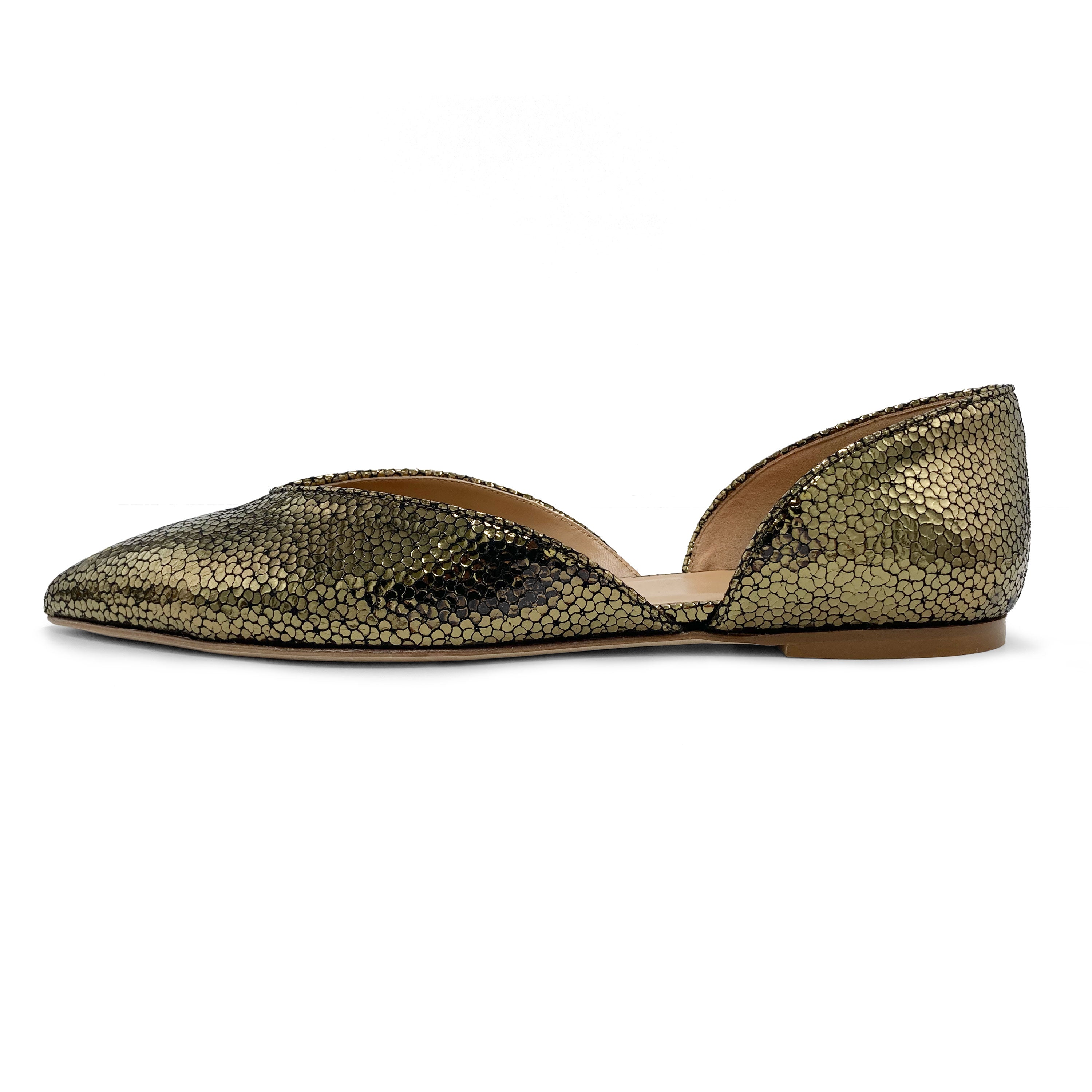 Offene Ballerinas aus bronzefarbenem Metallic-Leder