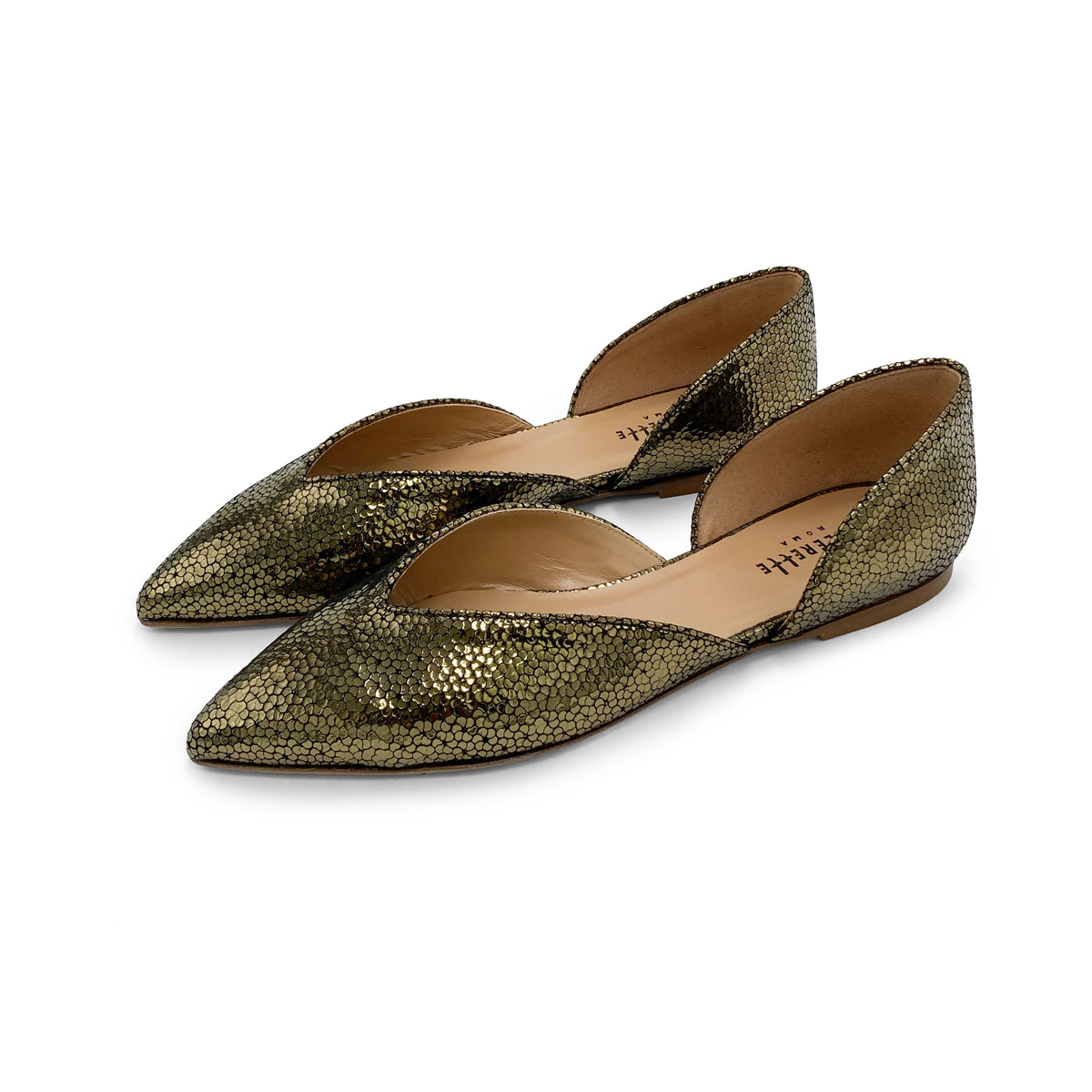 Offene Ballerinas aus bronzefarbenem Metallic-Leder