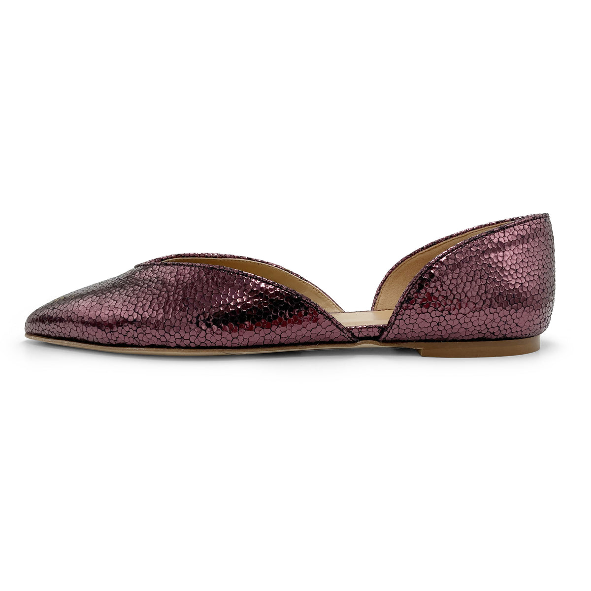 Open plum purple laminated ballet flats