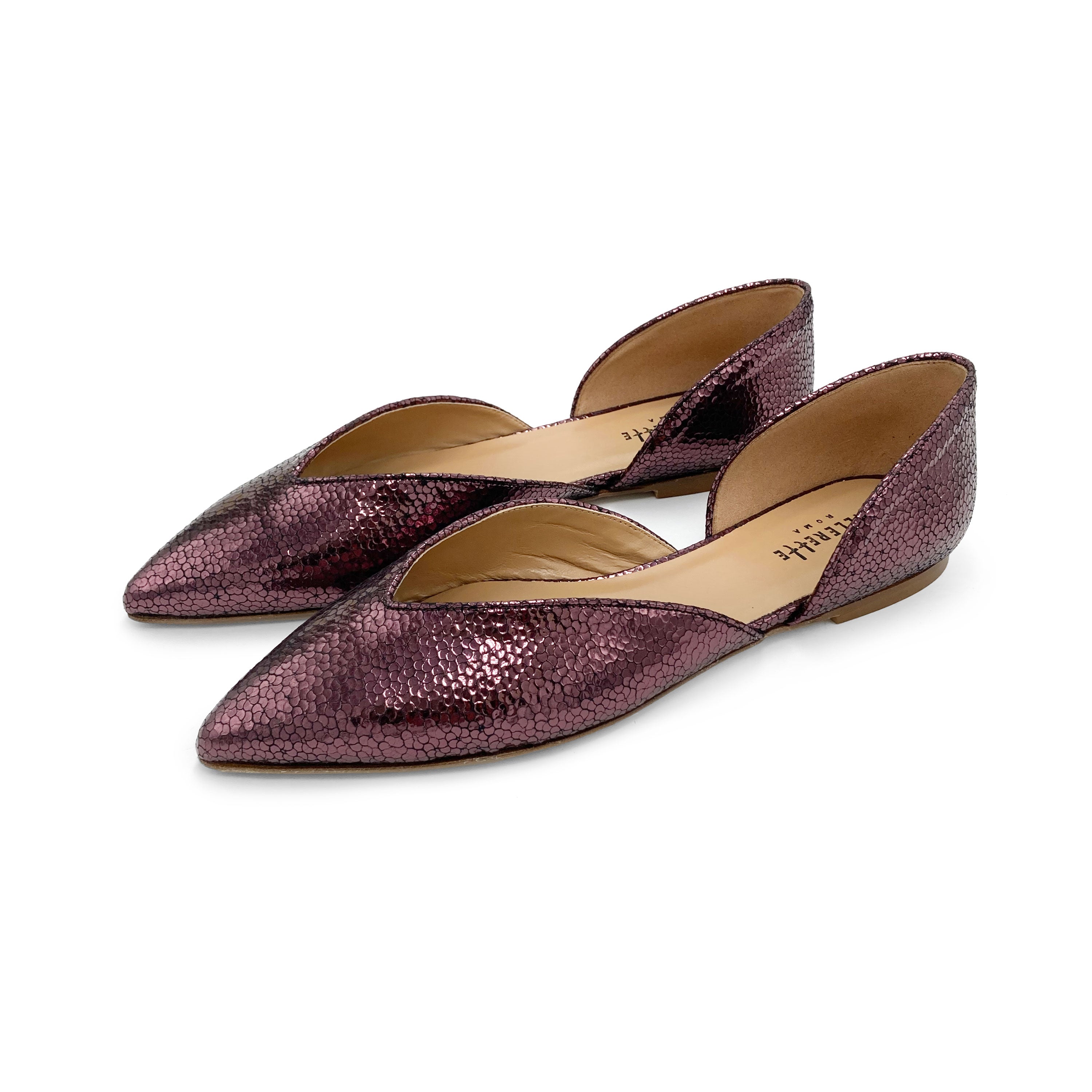 Open plum purple laminated ballet flats