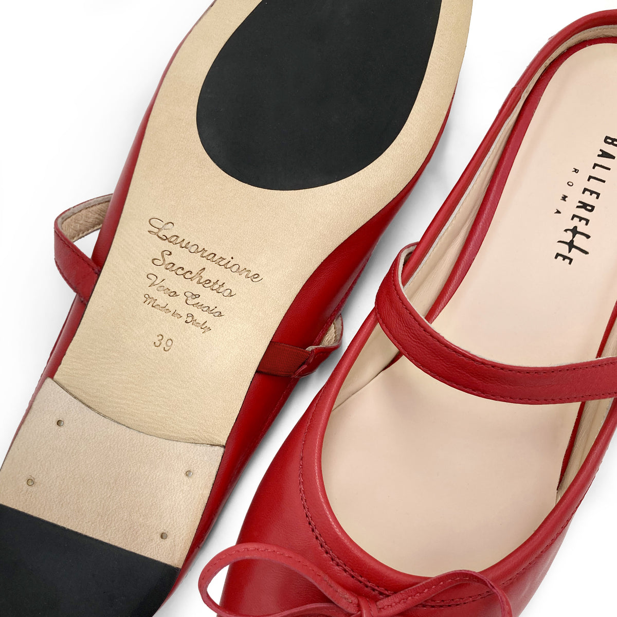 Red leather mule ballet flats with handcrafted sacchetto construction