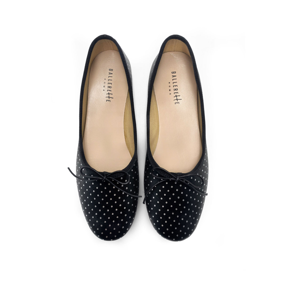 Ballerine accollate nere in pelle con micro pois argento