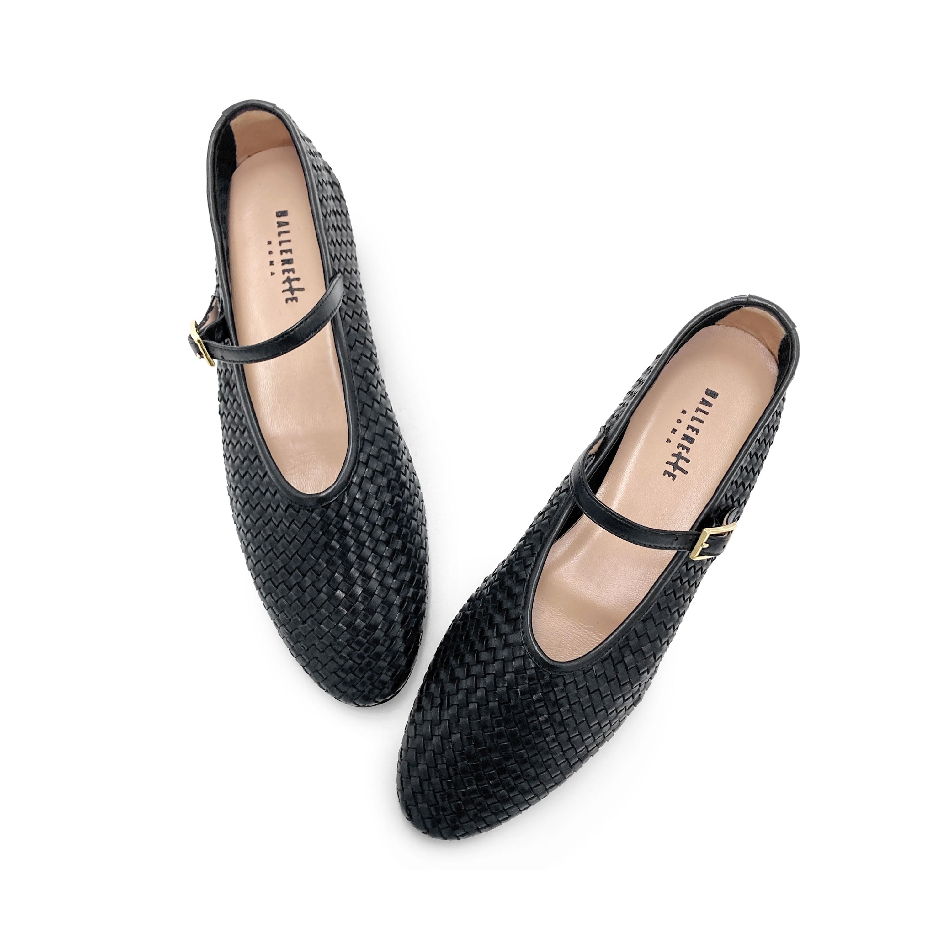 Ballerine nere accollate in pelle intrecciata a mano e cinturino