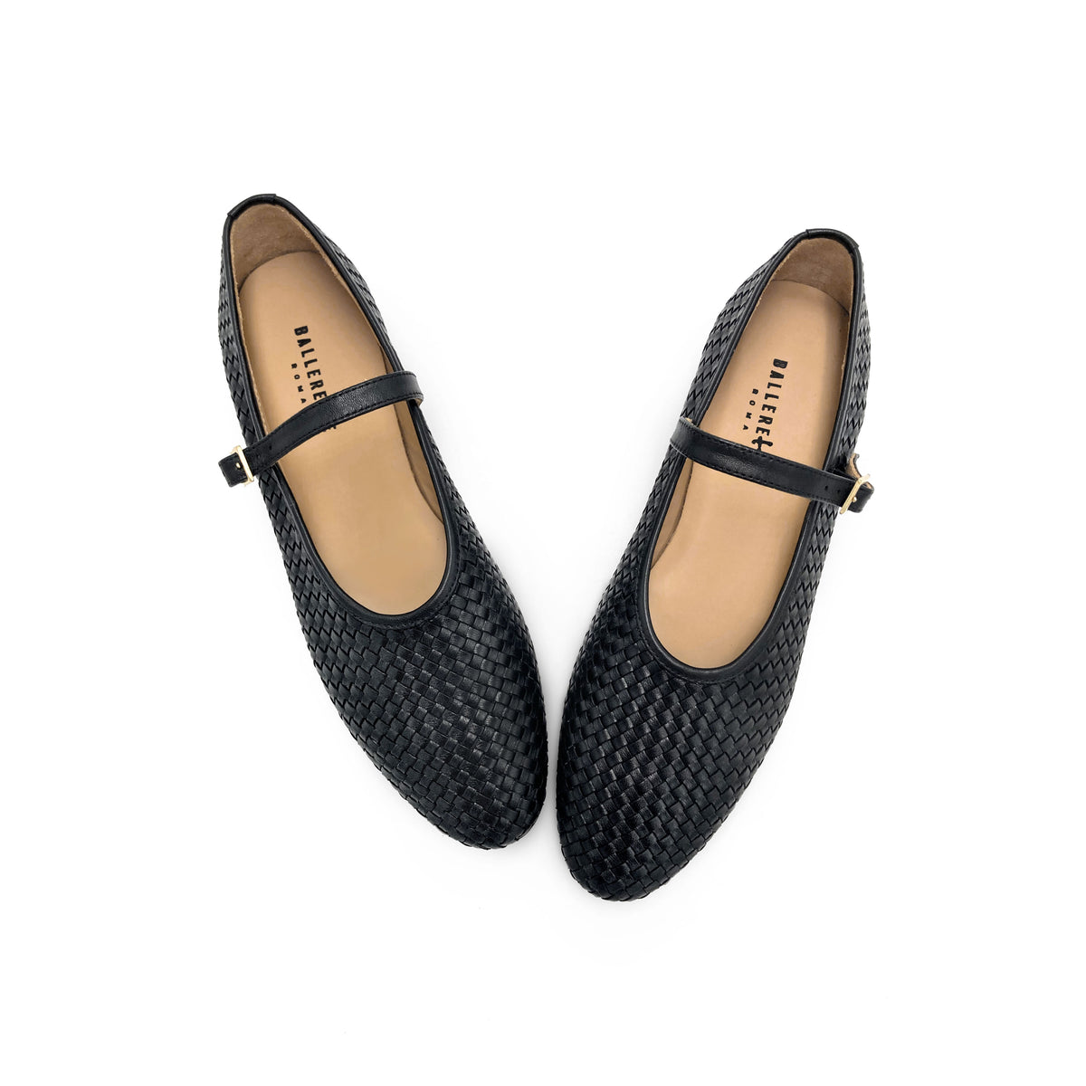 Ballerine Mary Jane nere accollate in pelle intrecciata a mano e cinturino