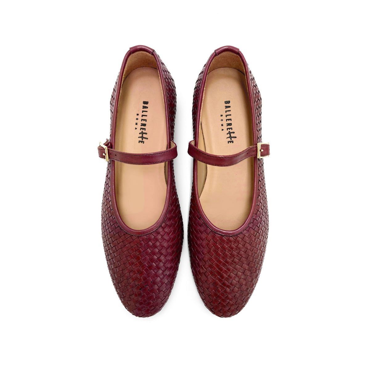 Ballerine Mary Jane bordeaux accollate in pelle intrecciata a mano e cinturino