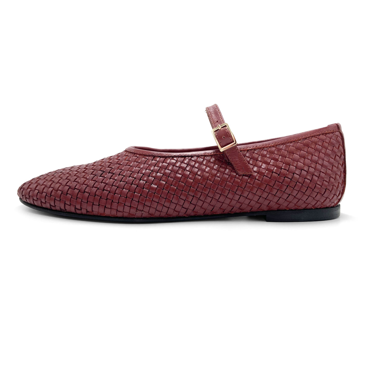 Ballerine Mary Jane bordeaux accollate in pelle intrecciata a mano e cinturino