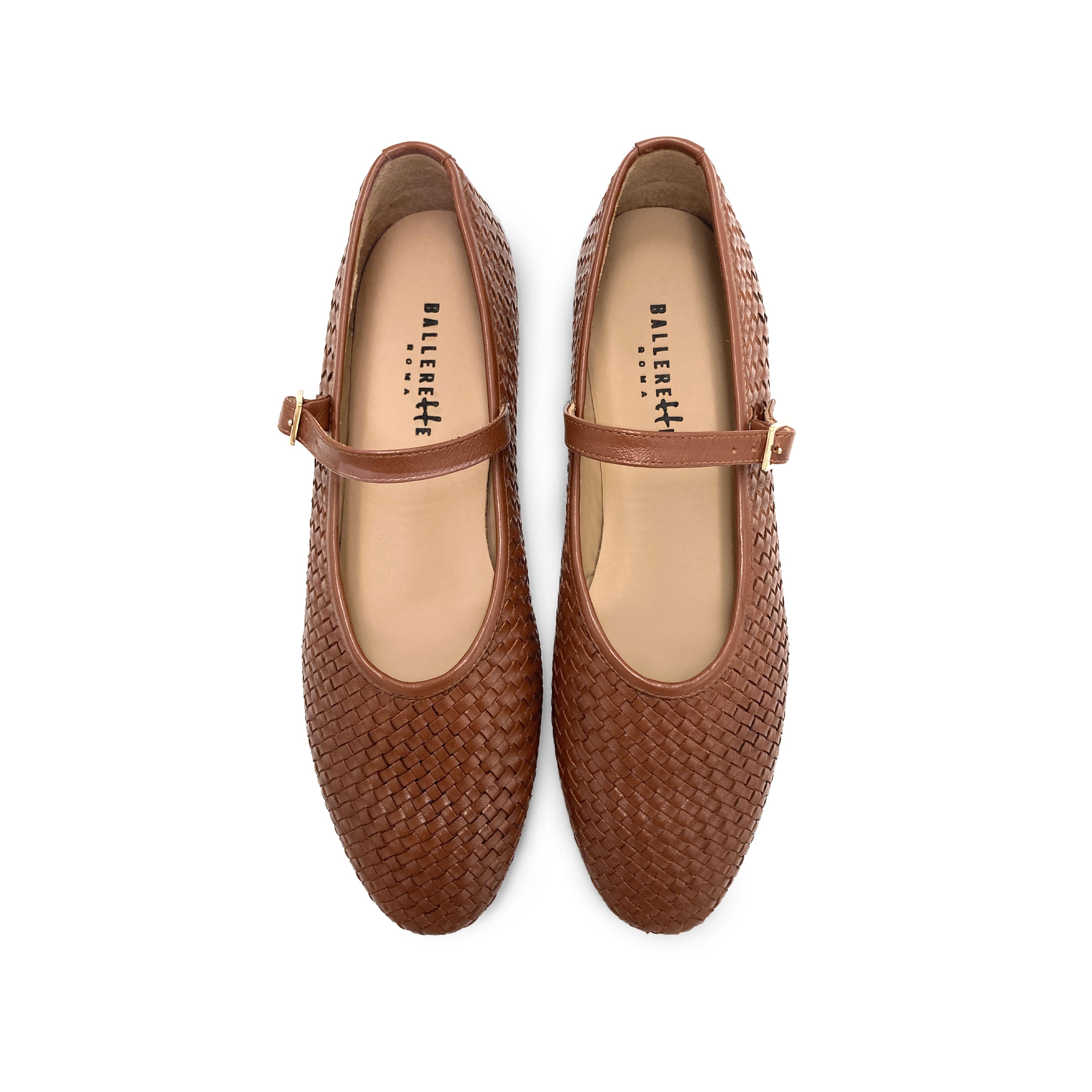 Ballerine Mary Jane marroni accollate in pelle intrecciata a mano e cinturino