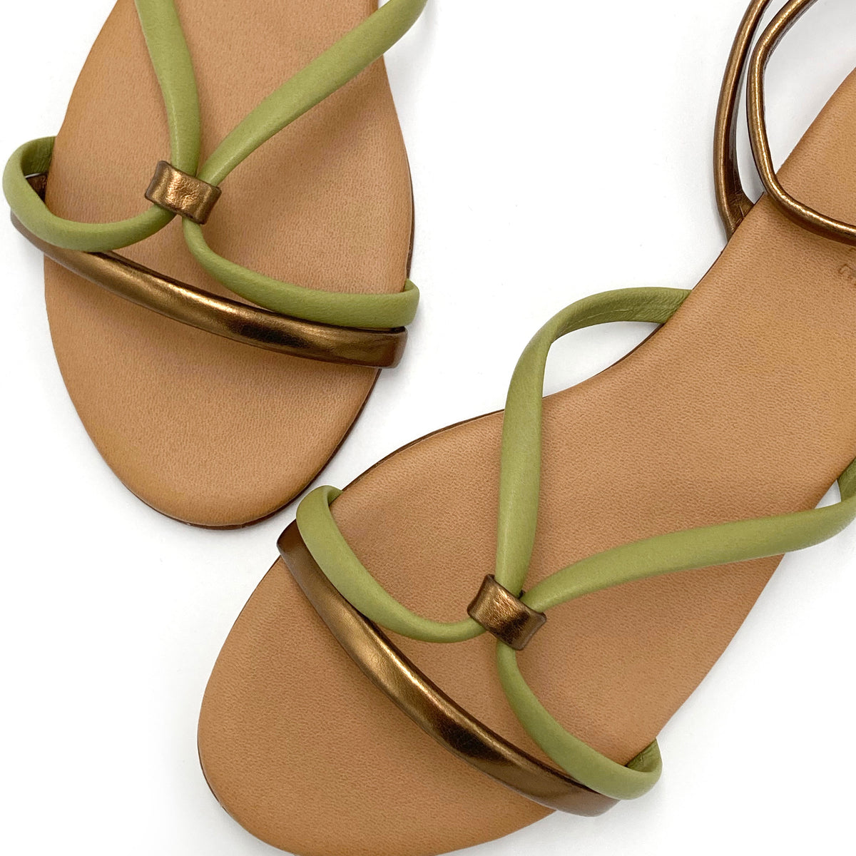 Anckle strap women flat sandals in green and bronze leather