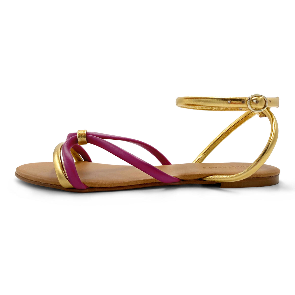 Sandales plates femme en cuir fuchsia et doré avec bride de cheville