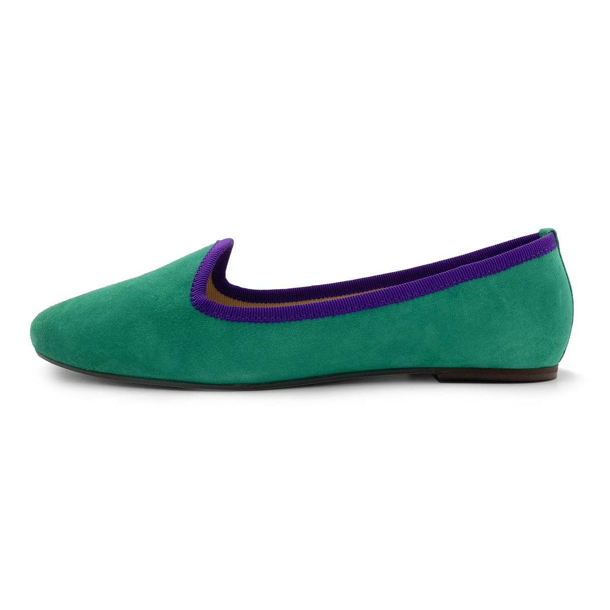 Slippers de mujer en ante verde esmeralda con detalles morados