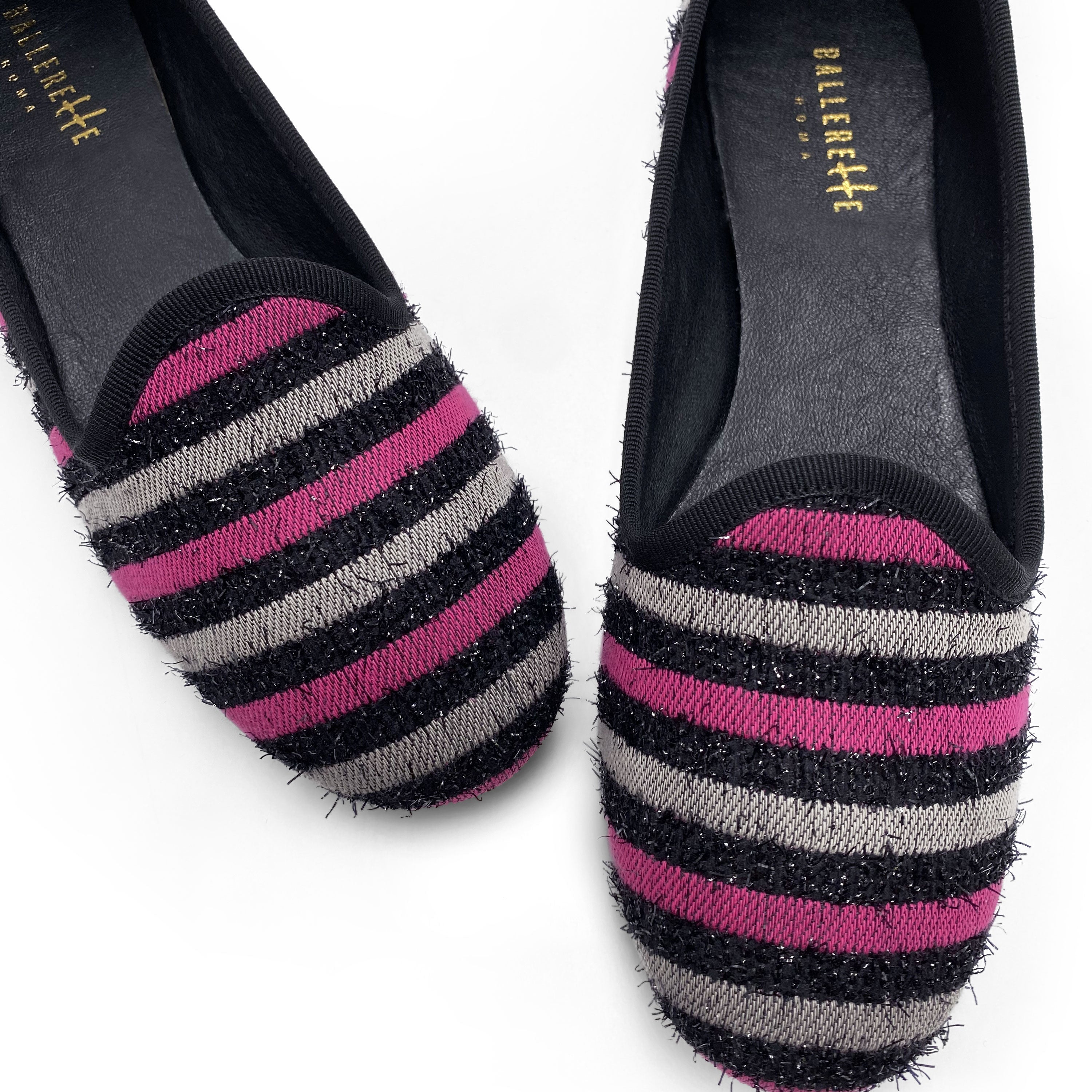 Slippers donna in tessuto a righe fucsia e grigie
