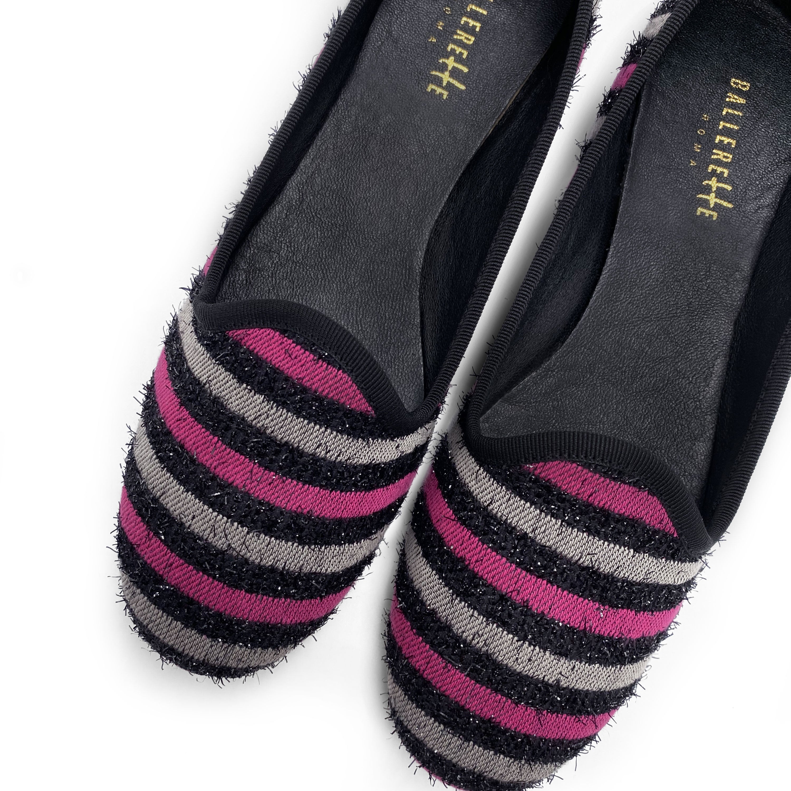 Slippers donna in tessuto a righe fucsia e grigie