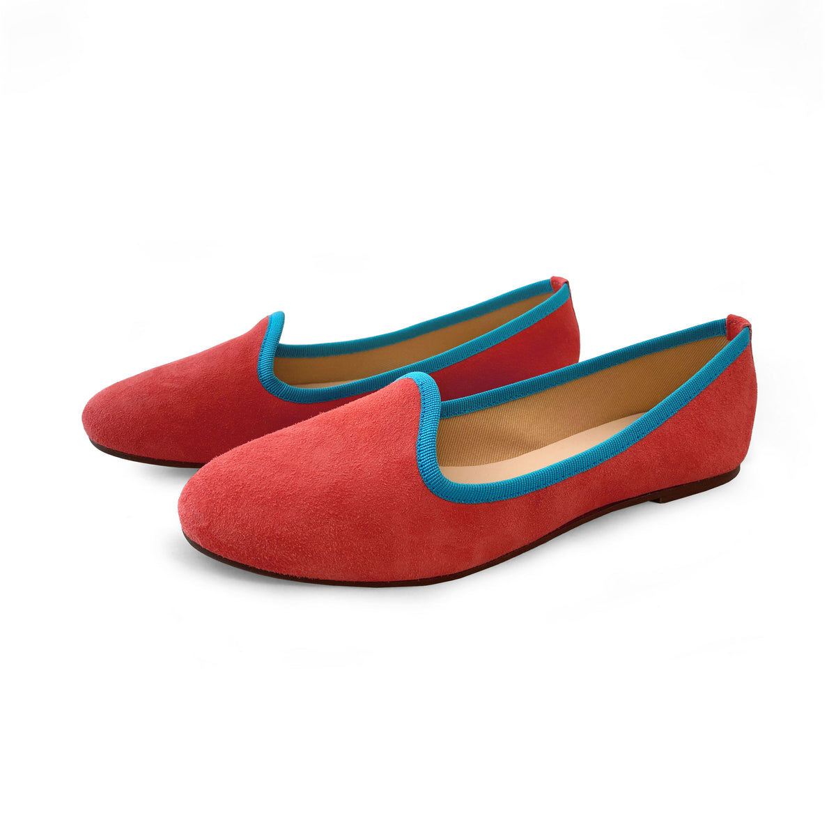 Coral pink suede loafers