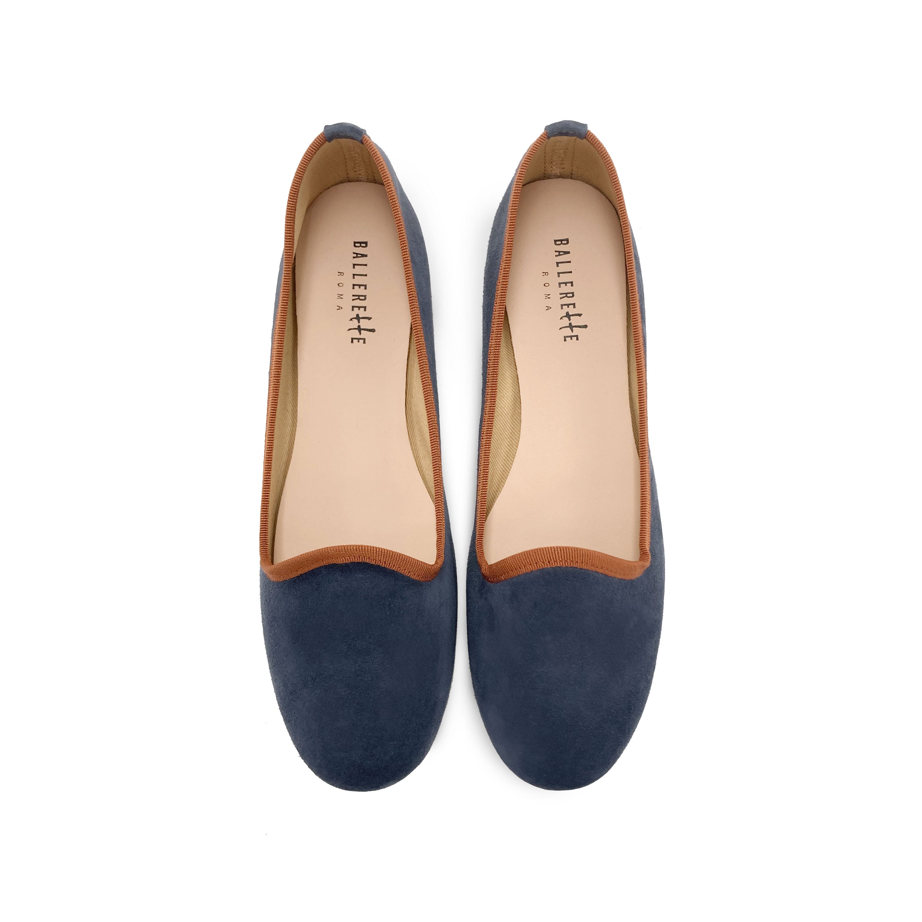 Slippers pour femme en daim bleu pétrole et détails terracotta