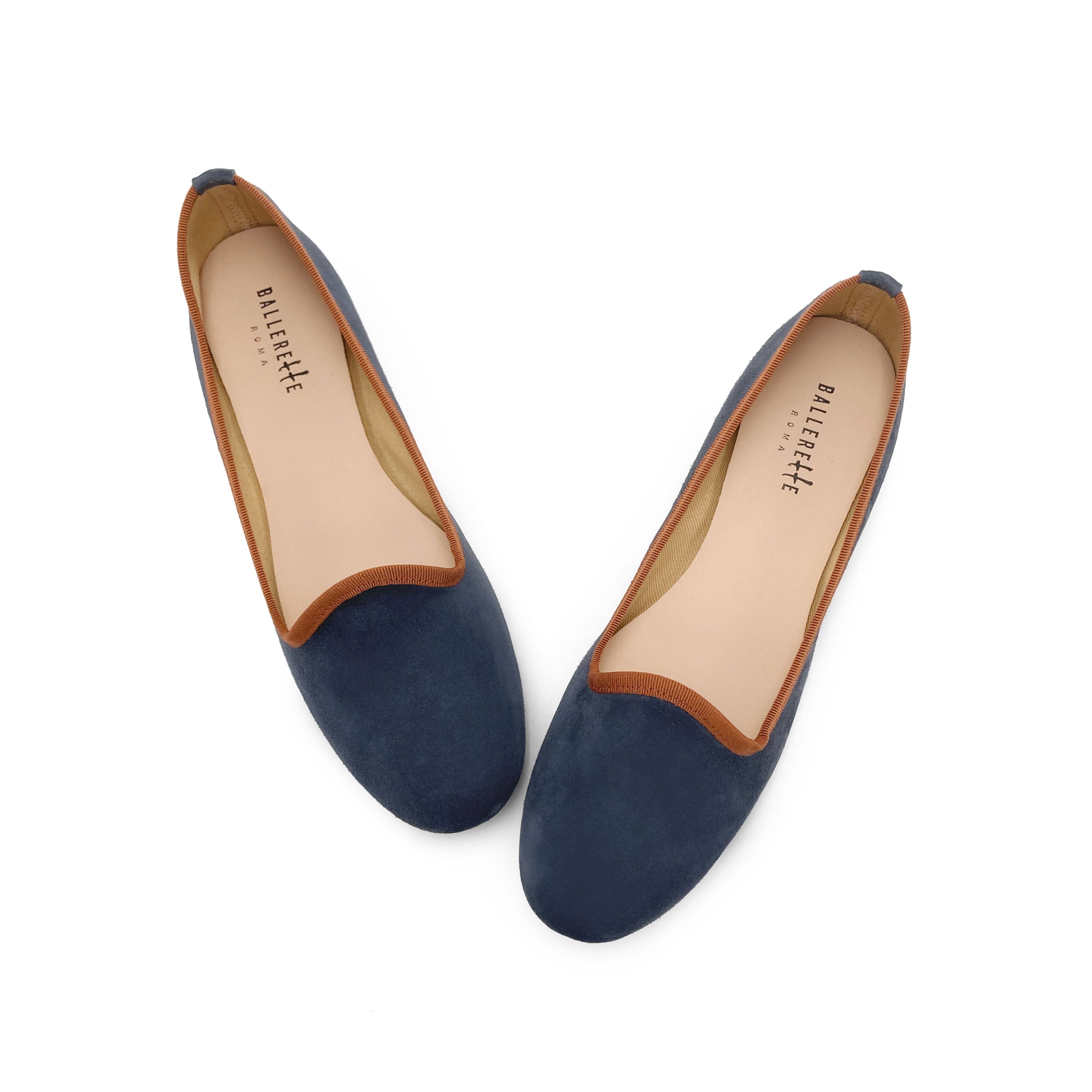 Slippers pour femme en daim bleu pétrole et détails terracotta