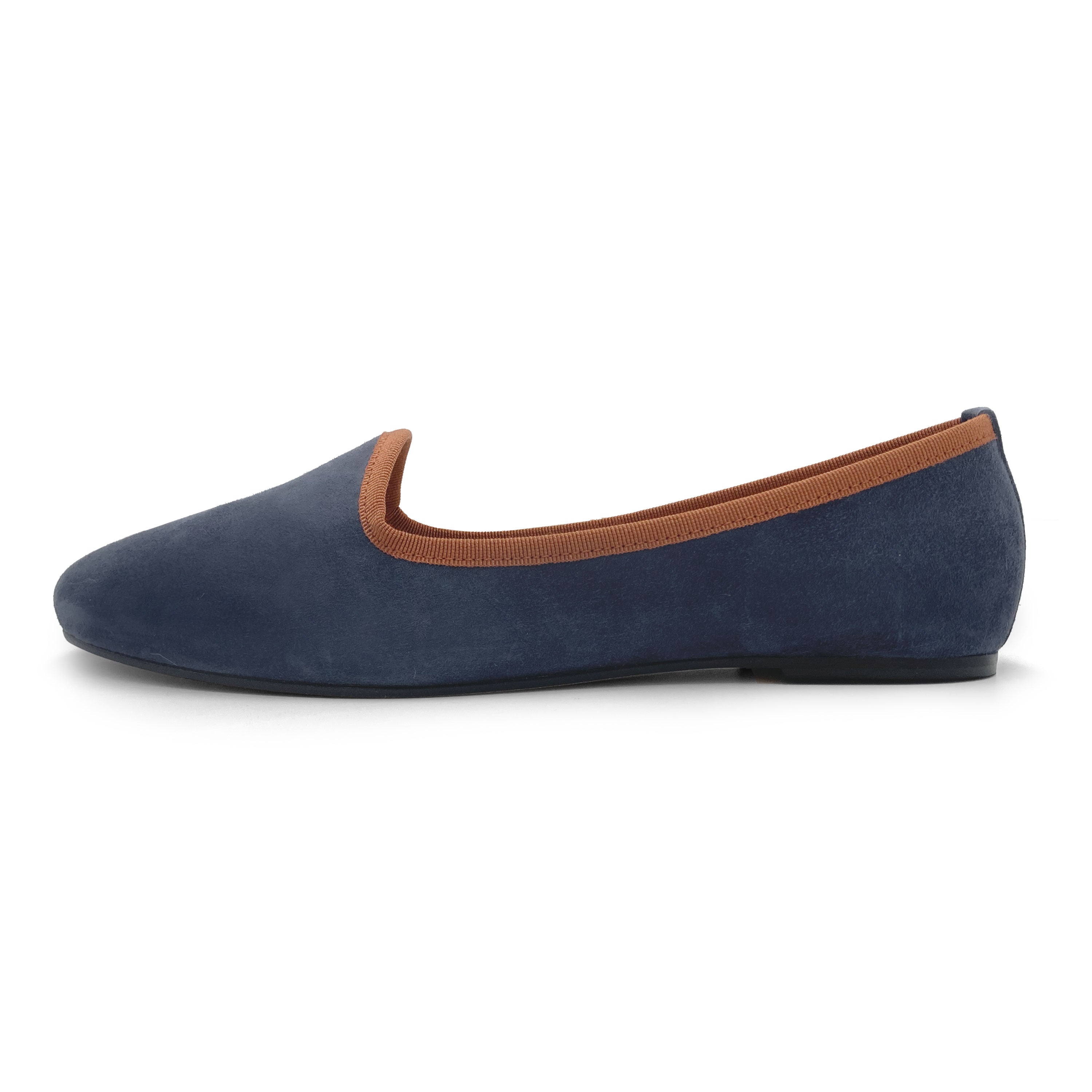 Slippers pour femme en daim bleu pétrole et détails terracotta