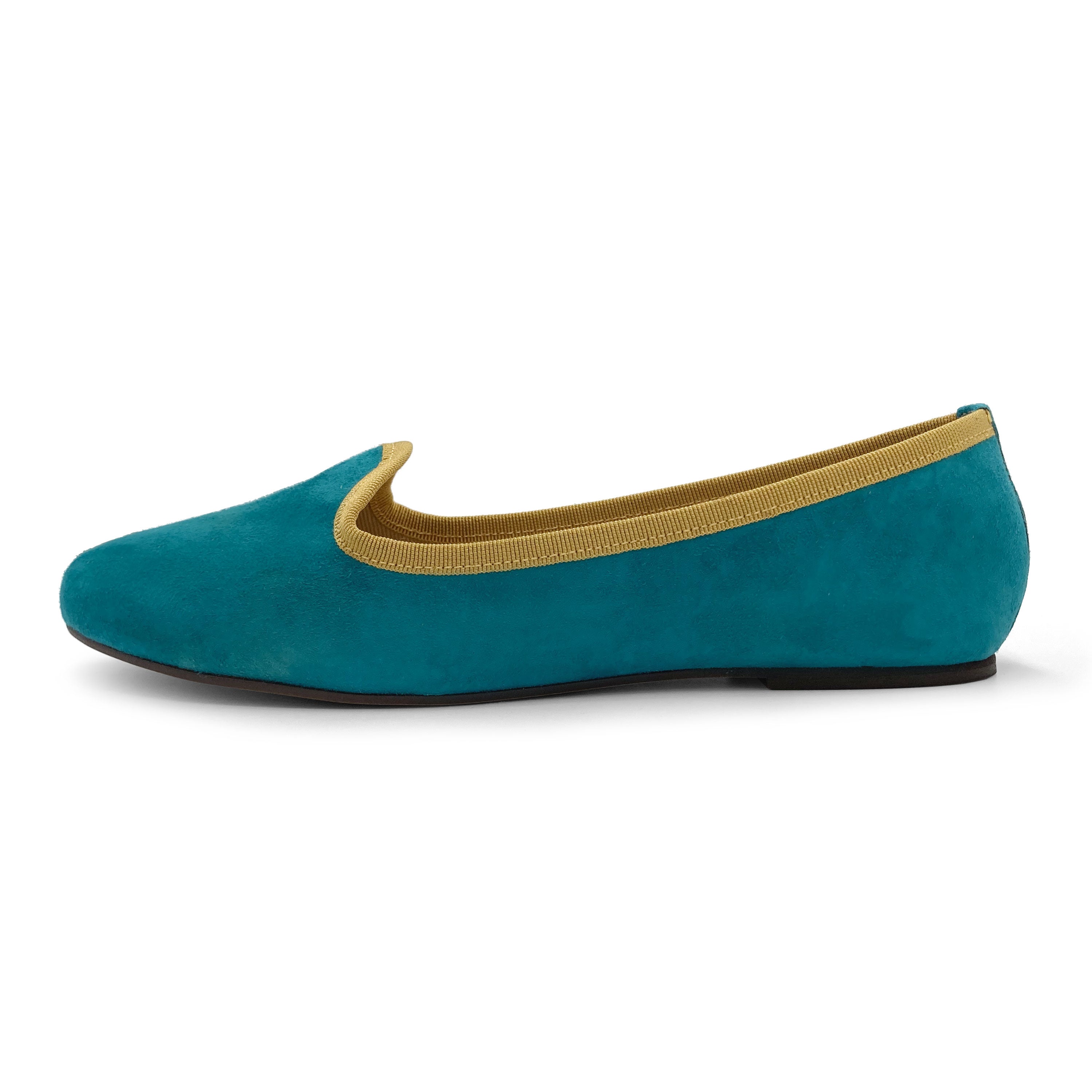 Slippers donna in camoscio blu petrolio e dettagli senape