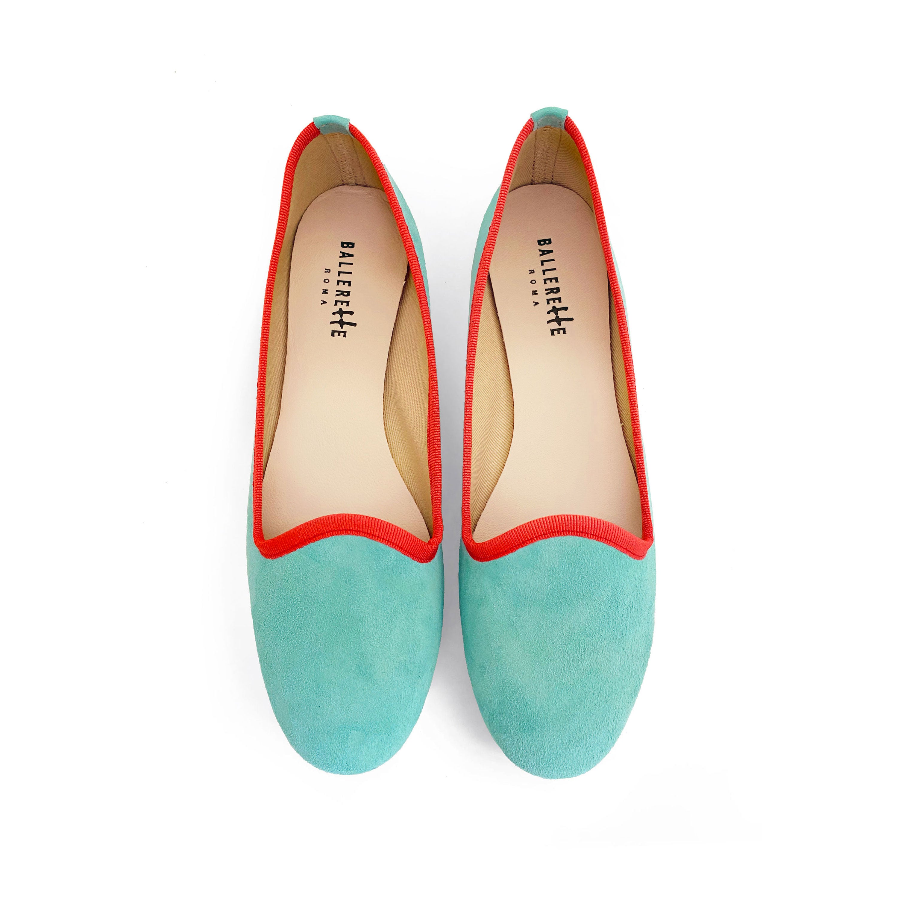 Slippers femme en daim aqua et détails corail 
