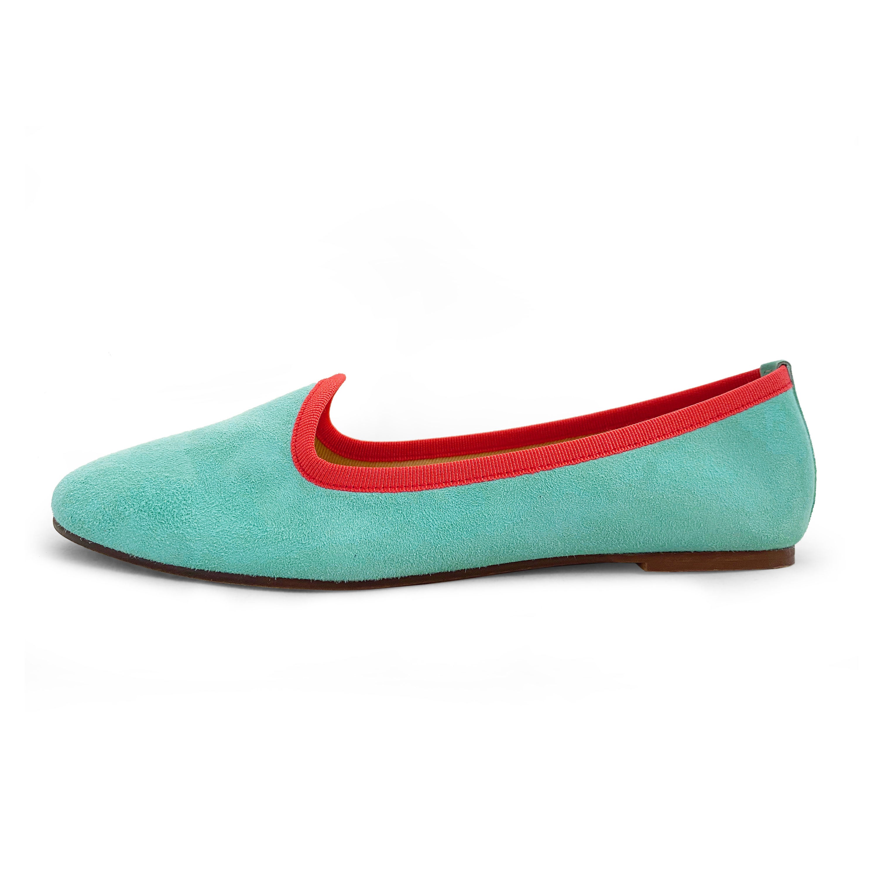 Slippers femme en daim aqua et détails corail 
