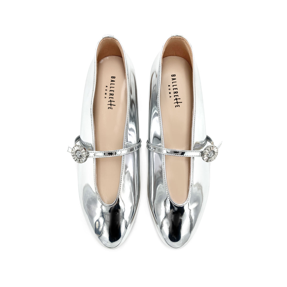 Ballerine argento specchiato con scollo a V e cinturino gioiello