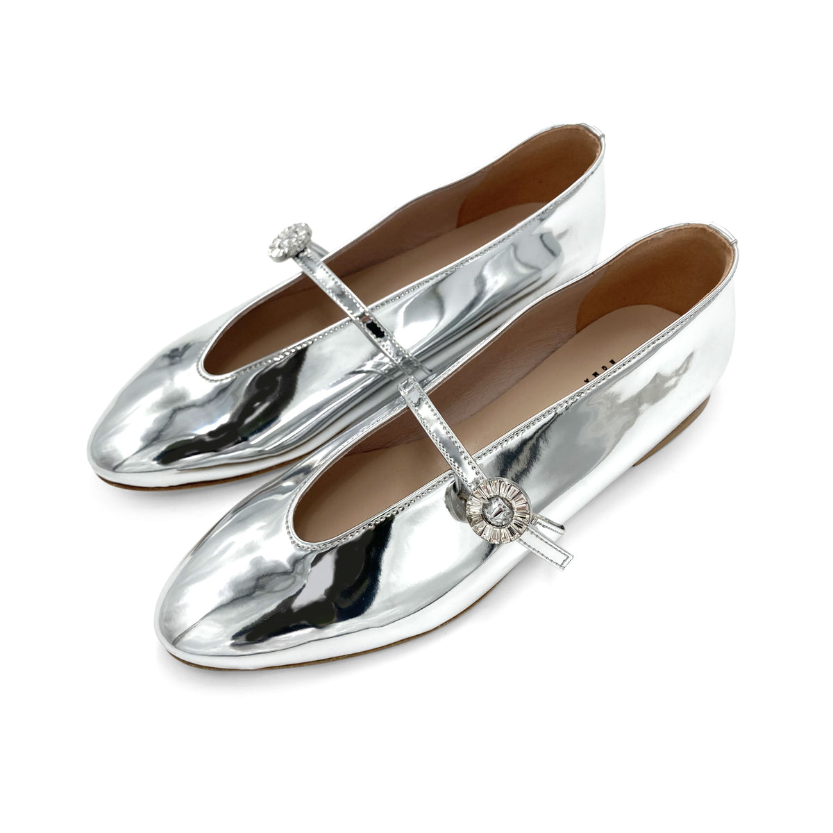 Spiegelnde Silberne Ballerinas mit V-Ausschnitt und Juwelenschleife