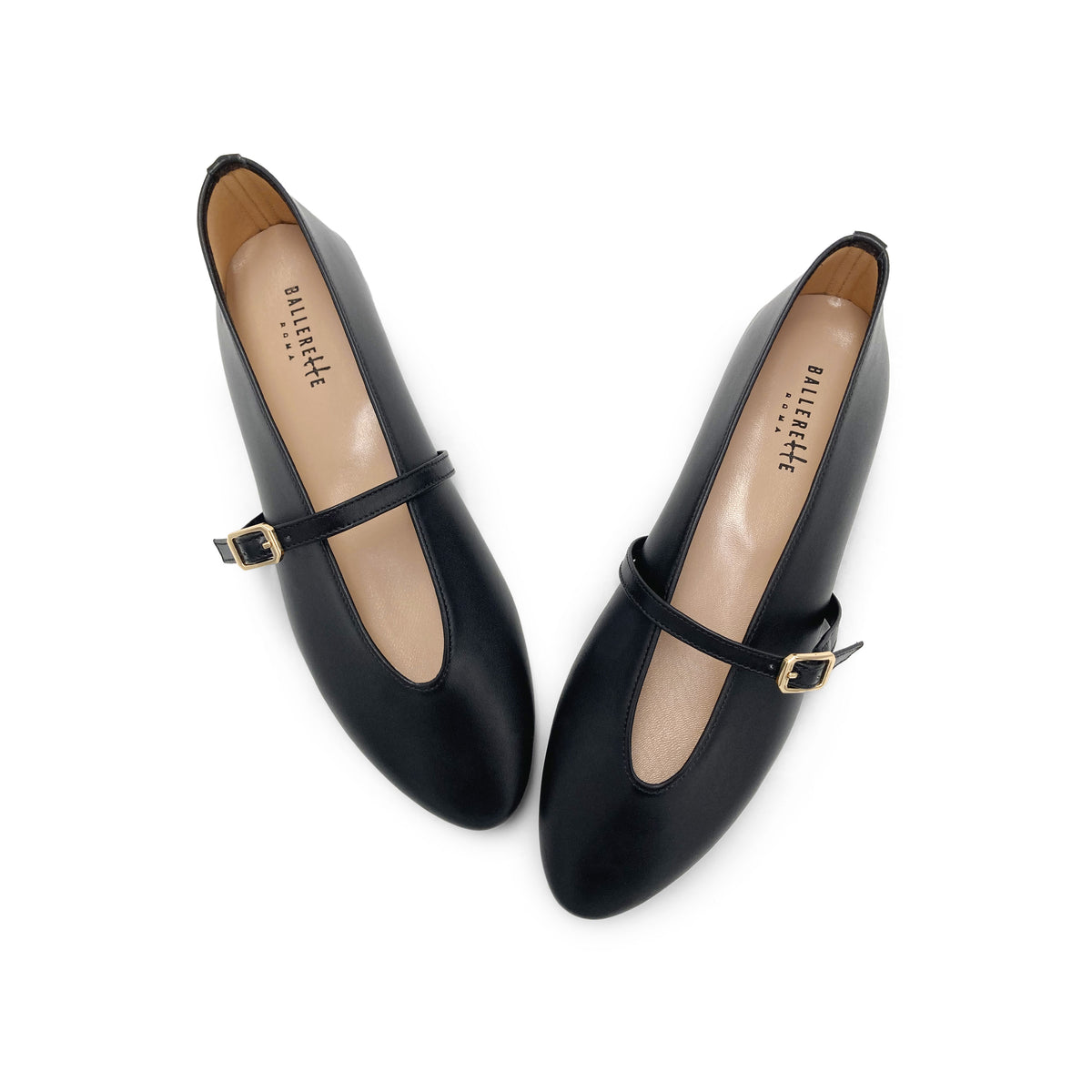 Ballerine nere in pelle con scollo a V e cinturino