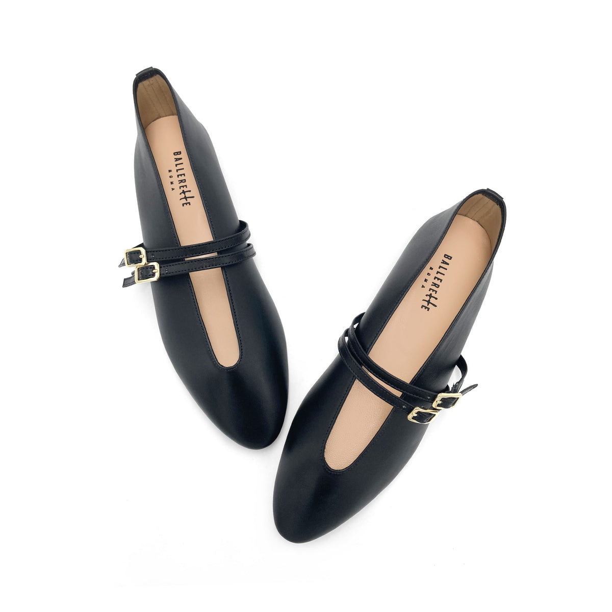 Ballerine nere in pelle con scollo a V e cinturini