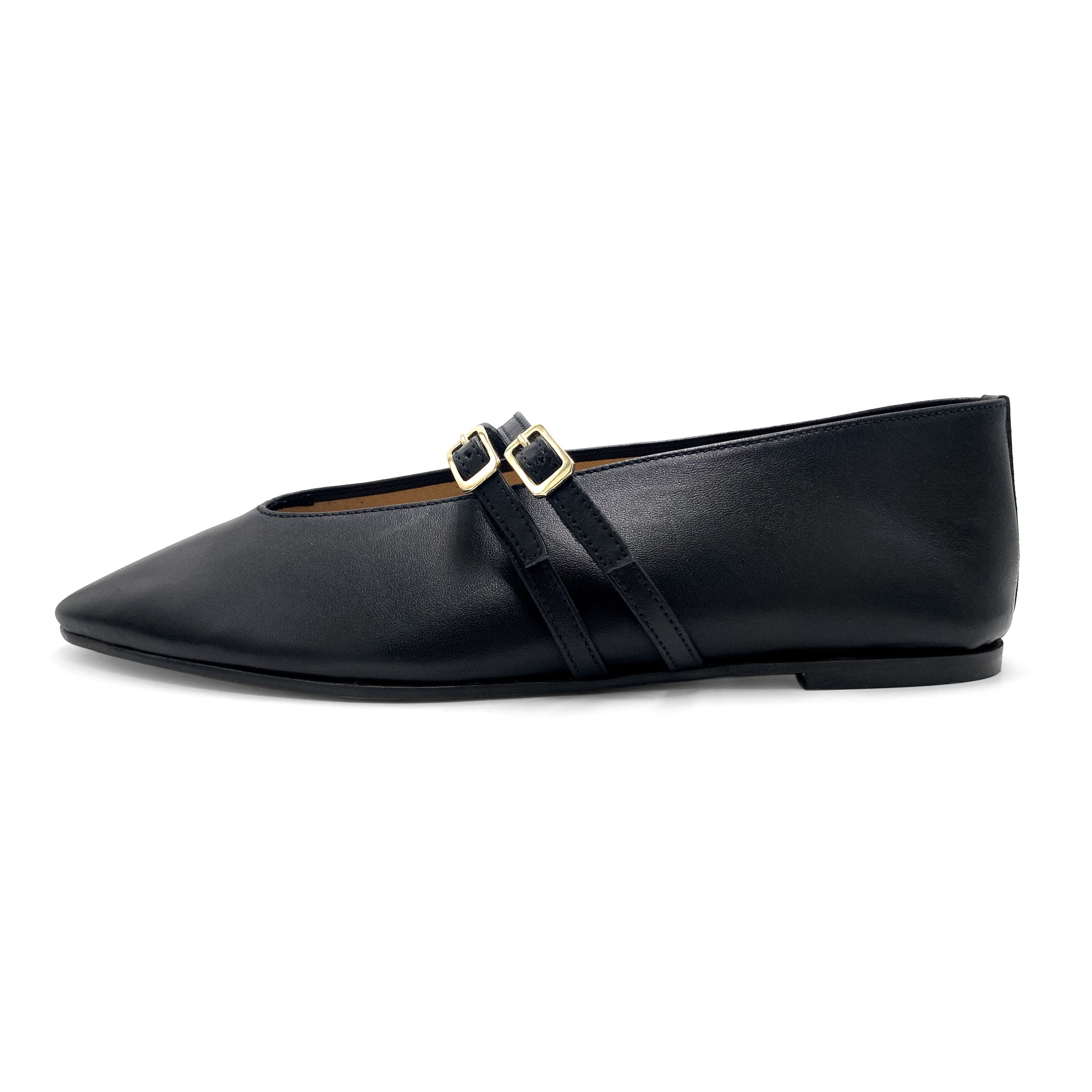 Schwarze Ballerinas aus Leder mit V-Ausschnitt und Riemen
