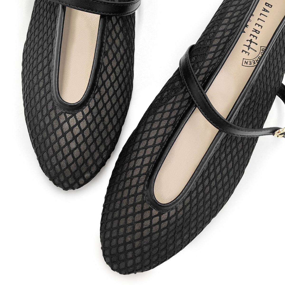 Black transparent mesh ballet flats in eco recycled fabric