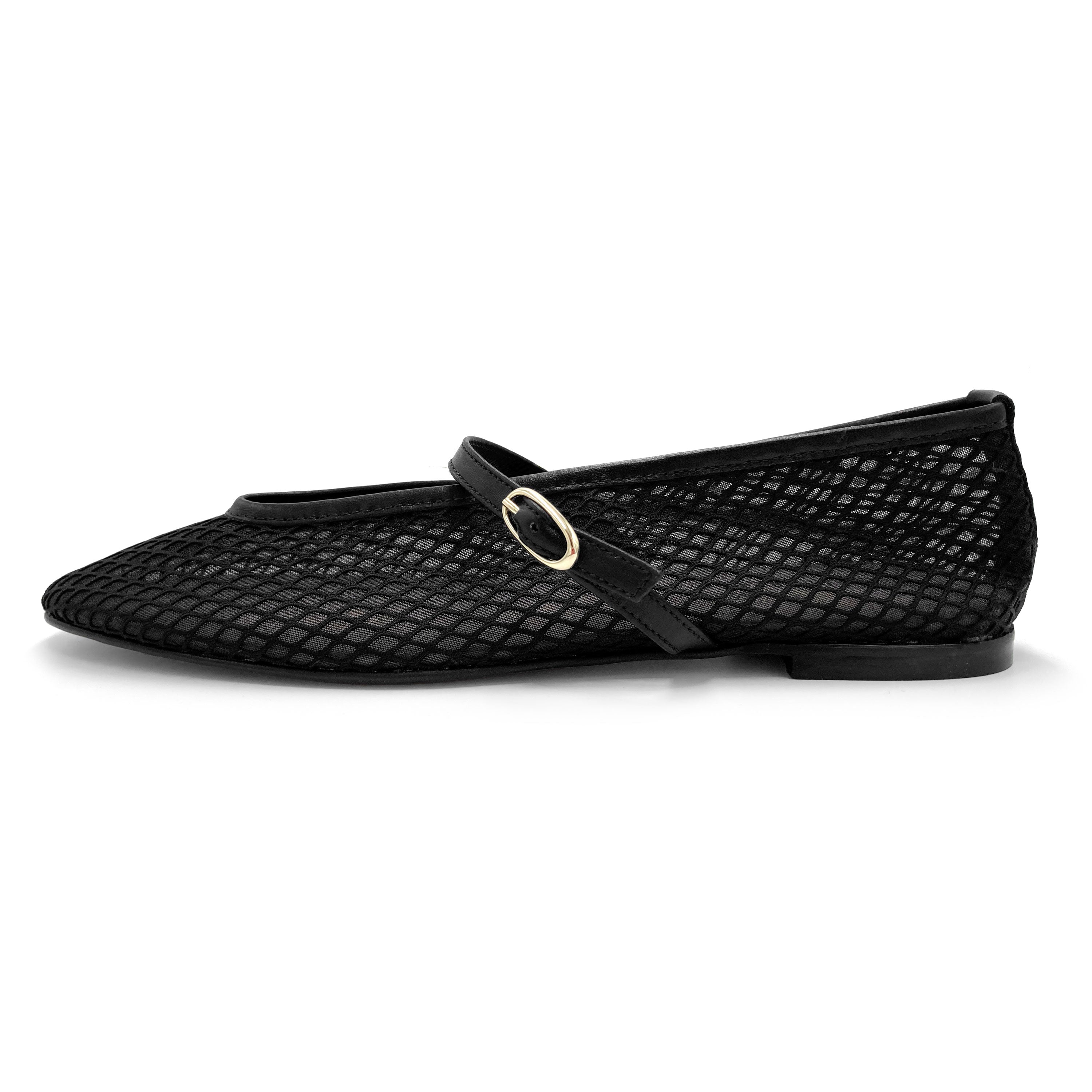 Black transparent mesh ballet flats in eco recycled fabric