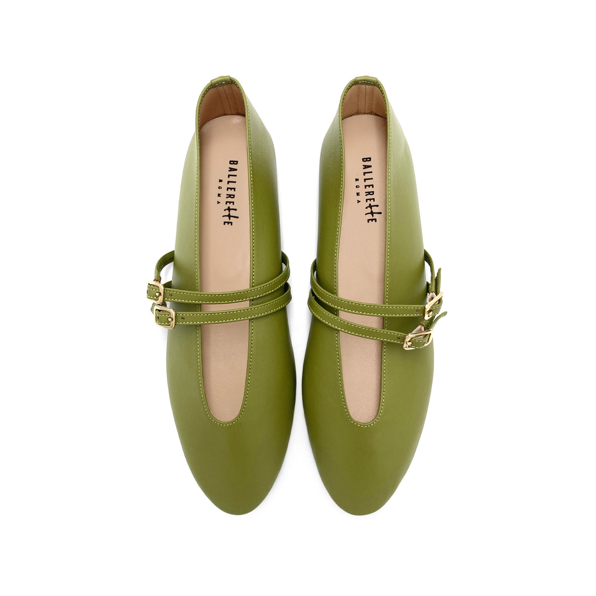 Ballerine verdi oliva in pelle con scollo a V e cinturini