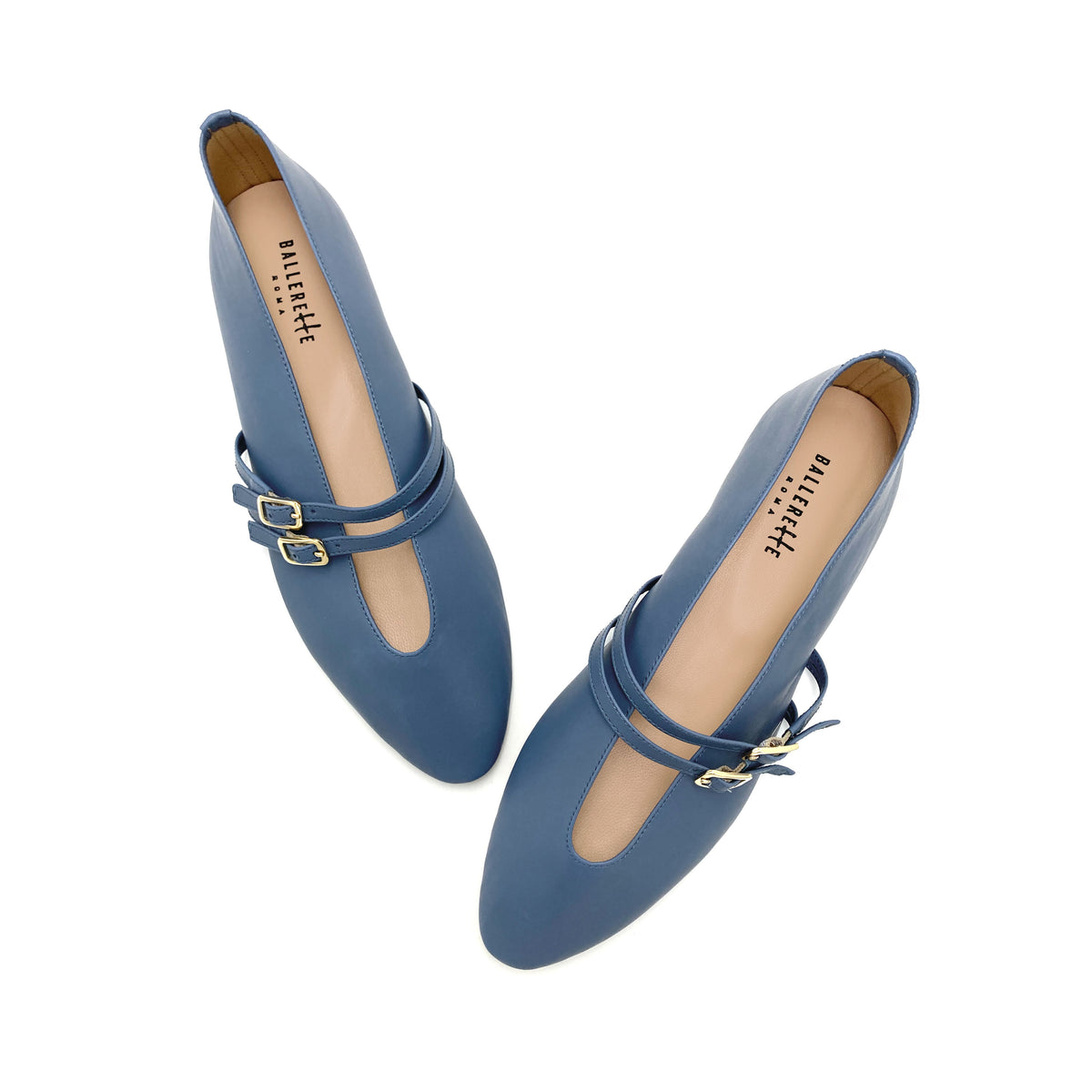 Ballerine ceruleo in pelle con scollo a V e cinturini