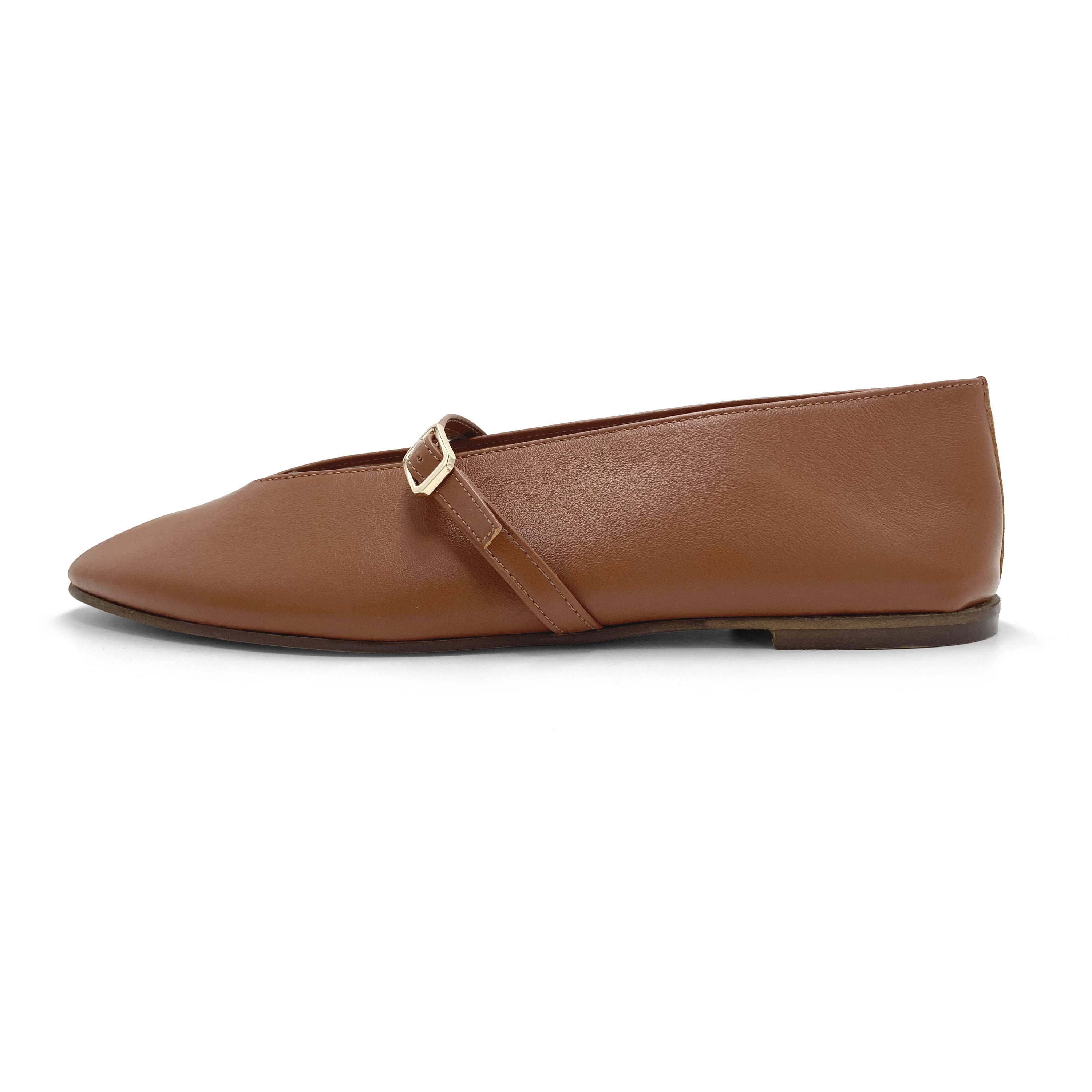 Ballerine marroni in pelle con scollo a V e cinturino
