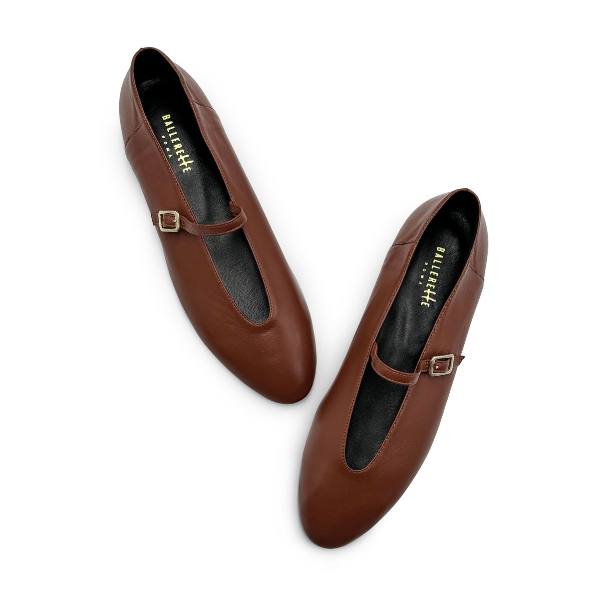 Ballerine marroni in pelle con scollo a V e cinturino