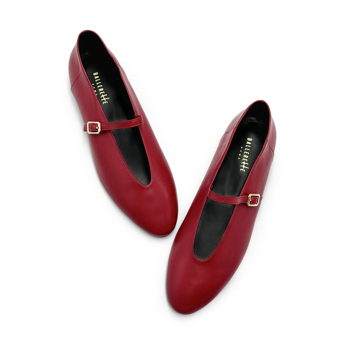 Ballerine rosso ciliegia in pelle con scollo a V e cinturino