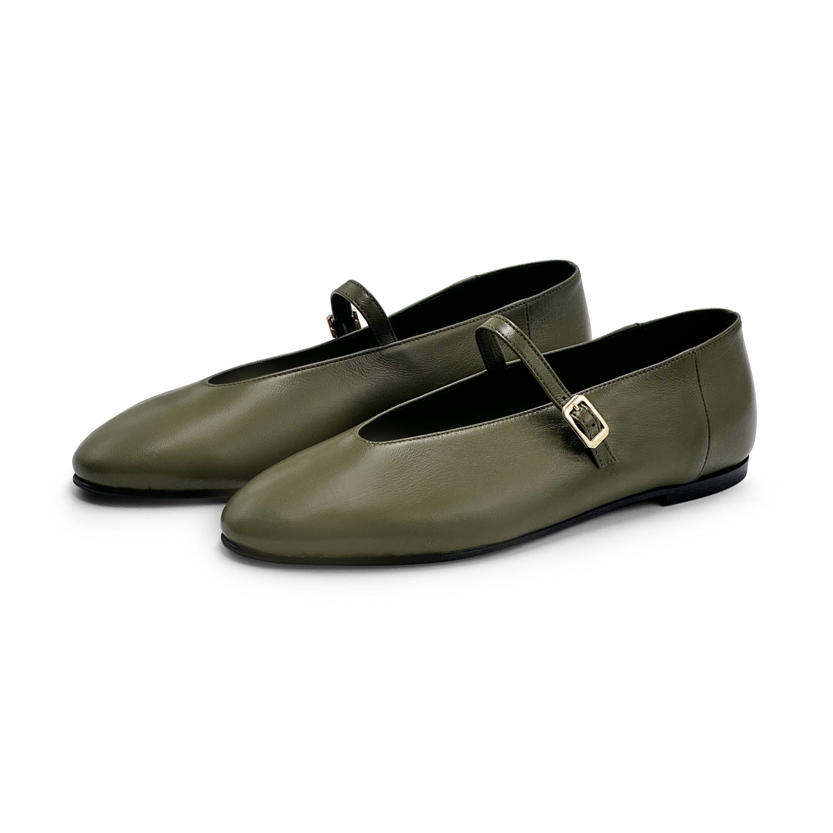 Olivgrüne Ballerinas aus Leder mit V-Ausschnitt und Riemchen