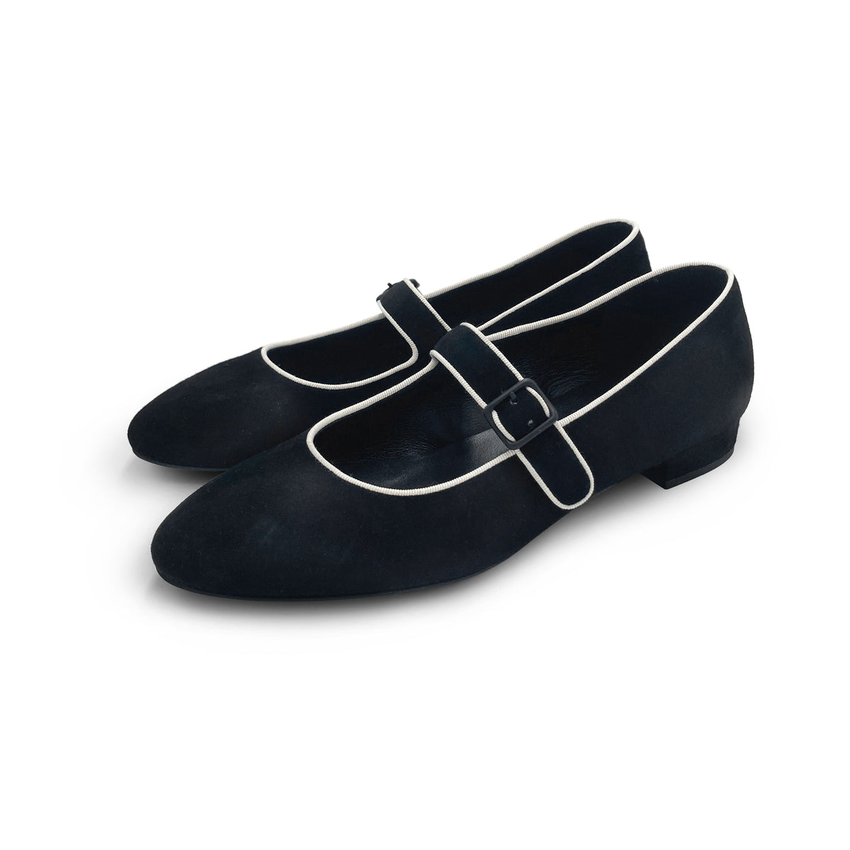Ballerines Mary Jane en daim noir et détails crème avec bride