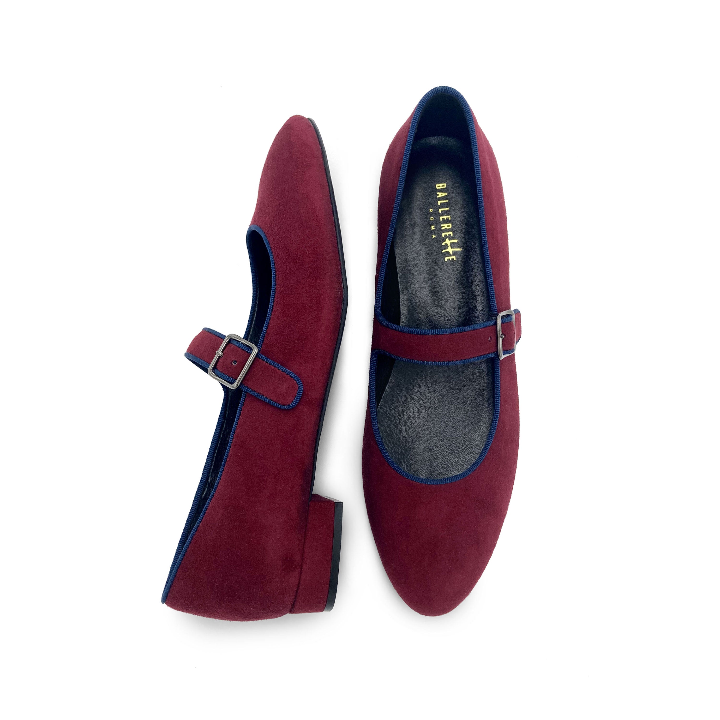Ballerine Mary Jane bordeaux e blu in camoscio con cinturino