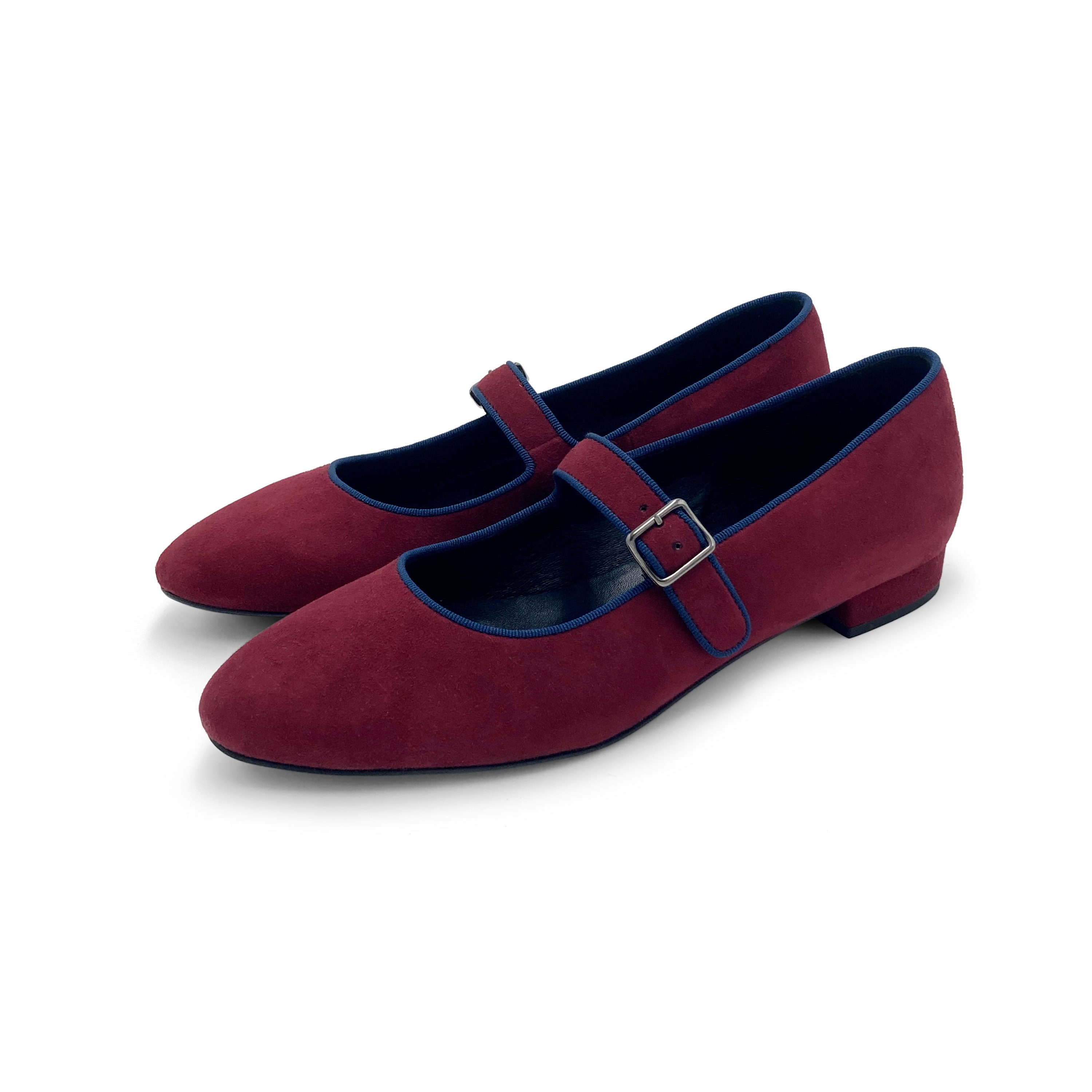 Ballerine Mary Jane bordeaux e blu in camoscio con cinturino