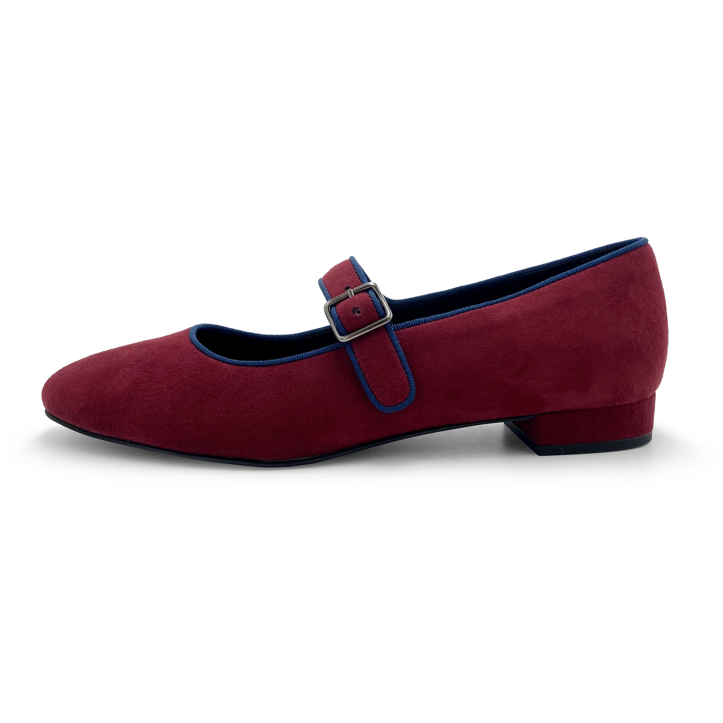 Ballerine Mary Jane bordeaux e blu in camoscio con cinturino